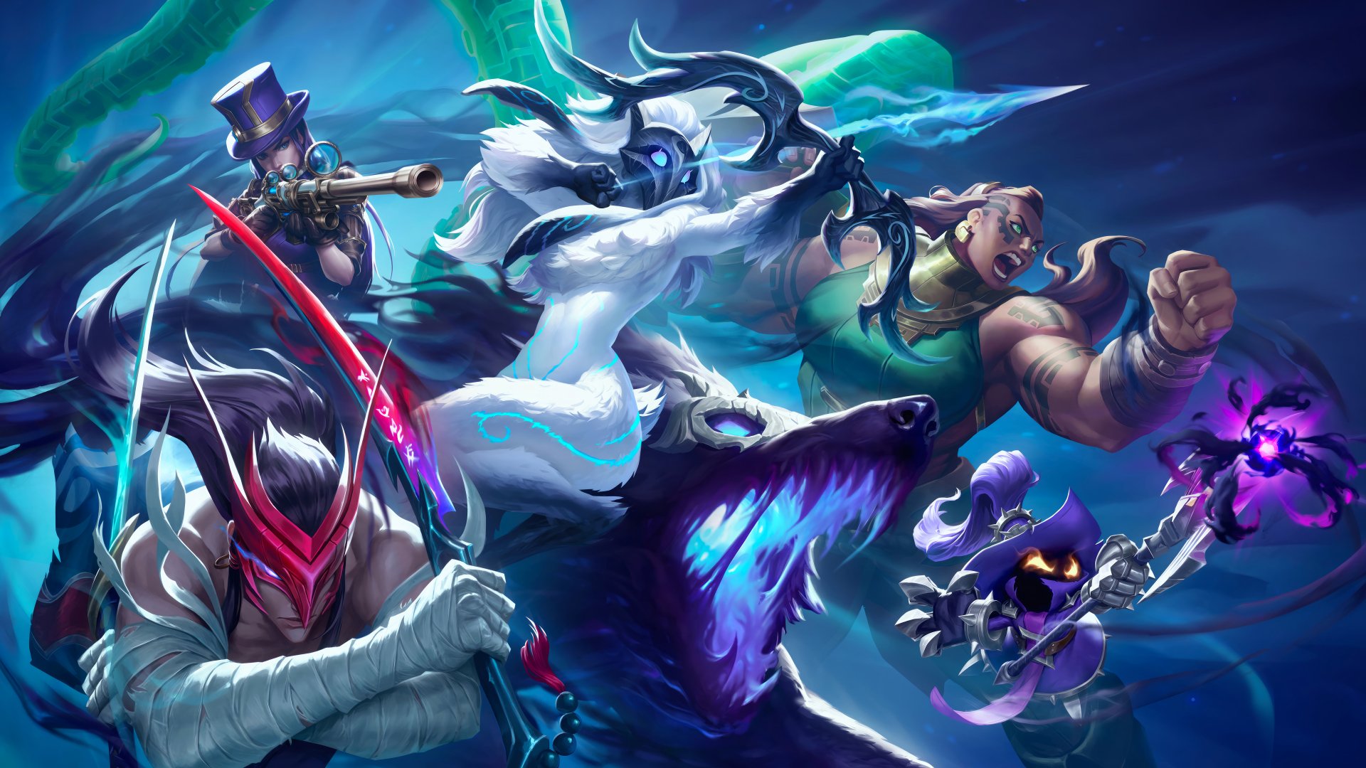 Epic League Of Legends Wallpaper Yone Kindred And Illaoi Hd Background