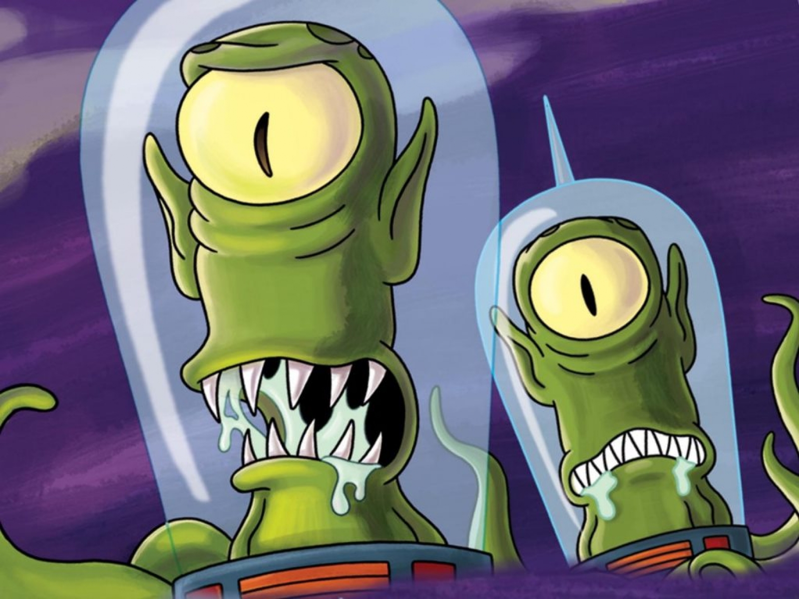 Two aliens, Kang and Kodos, from the popular animated series, present against a colorful background.
