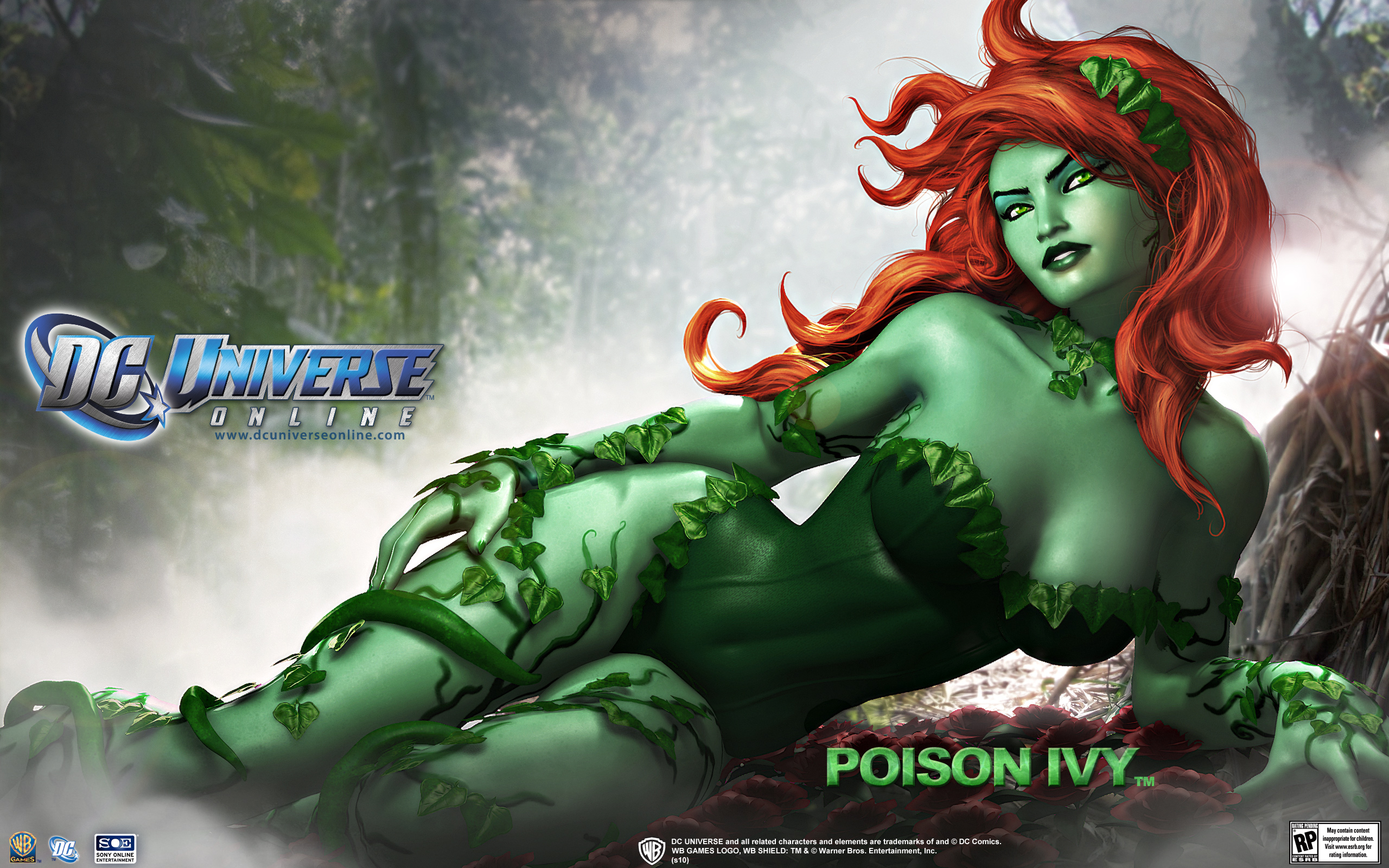 Poison Ivy, DC Comics character with long orange hair, lying down, gazing with green eyes.