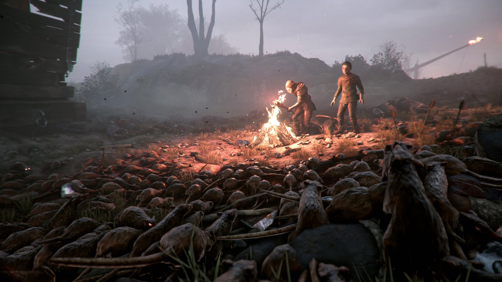 HD wallpaper of Amicia de Rune from A Plague Tale: Innocence, featuring characters by a fire surrounded by swarms of rats.