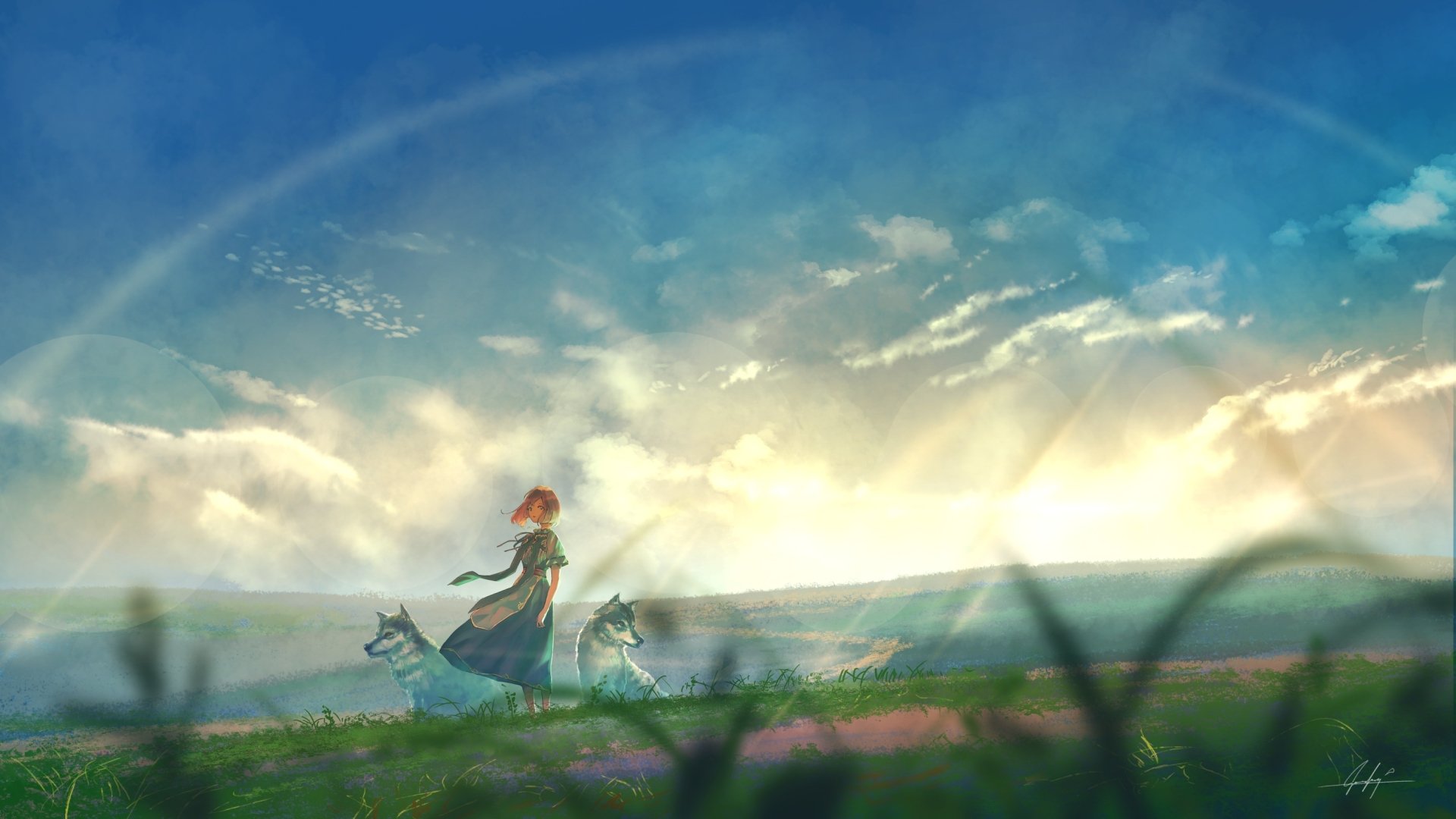 Anime wallpaper featuring a red-haired character walking with two wolves across a lush field under a bright, expansive sky.