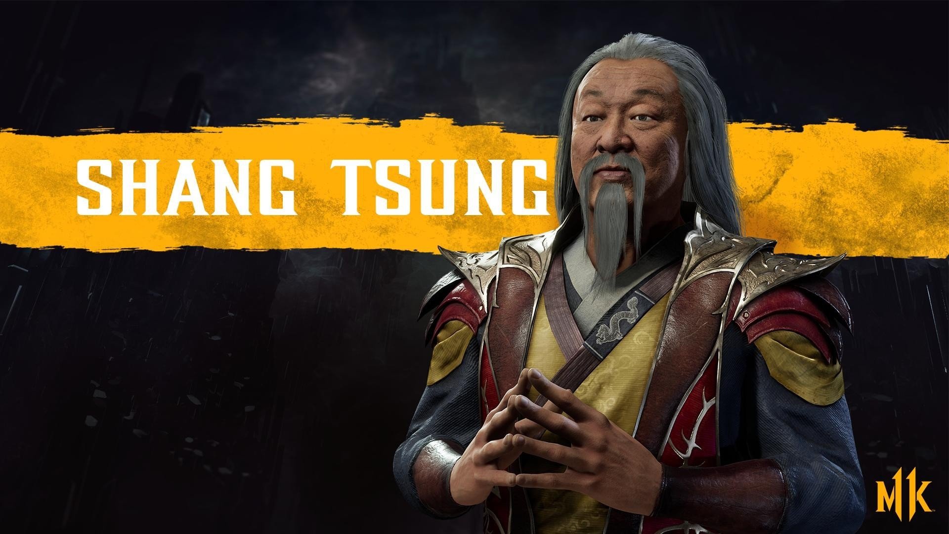 HD PC desktop wallpaper featuring Shang Tsung from the video game Mortal Kombat 11, showcasing the character in detailed costume against a dark background with bold text.