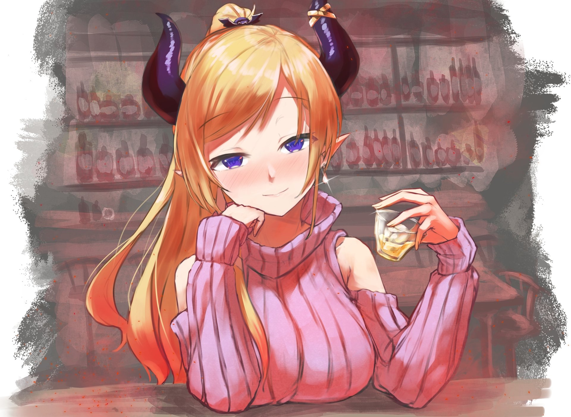4K Ultra HD anime-style wallpaper of Yuzuki Choco, a Hololive Virtual YouTuber, featuring her with horns and a cozy pink sweater in a softly lit bar setting.