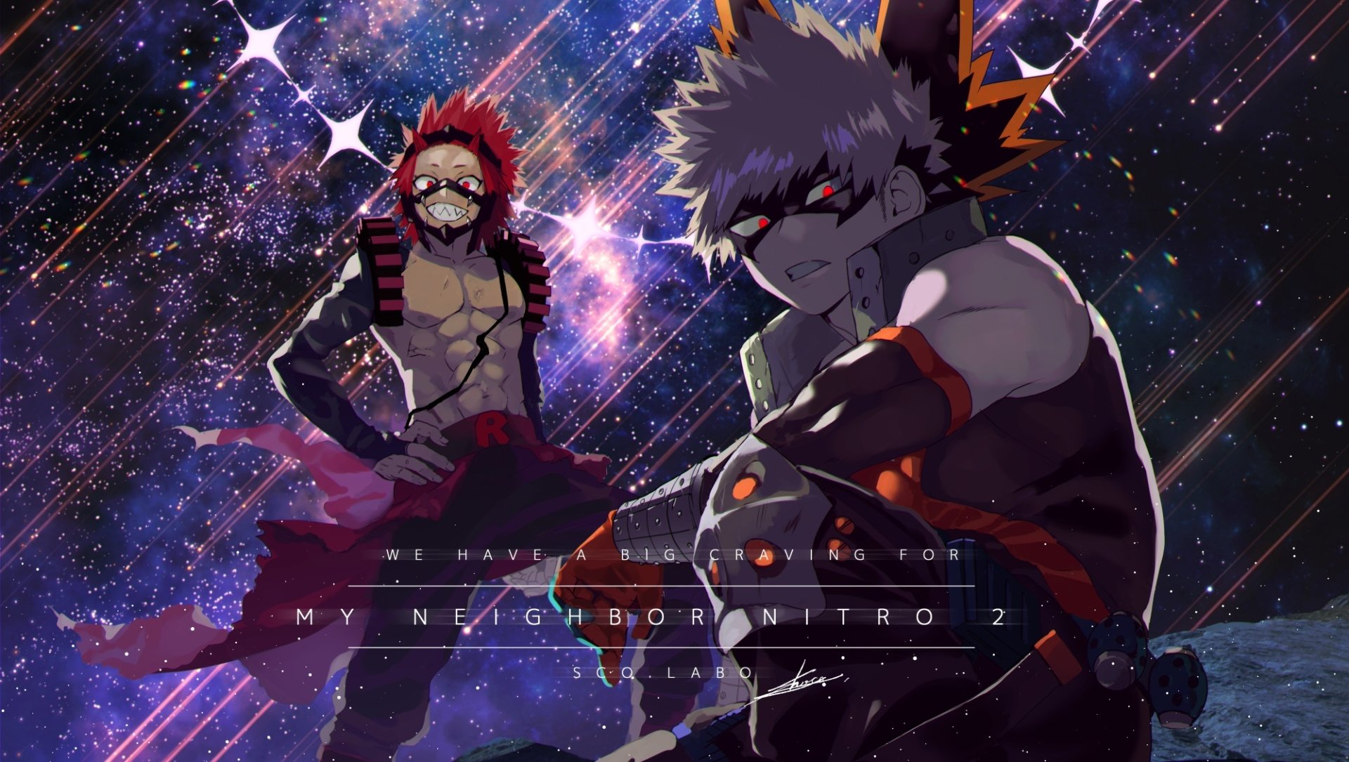 HD PC desktop wallpaper of My Hero Academia characters Eijiro Kirishima and Katsuki Bakugou striking bold poses against a neon, starry cosmic background.