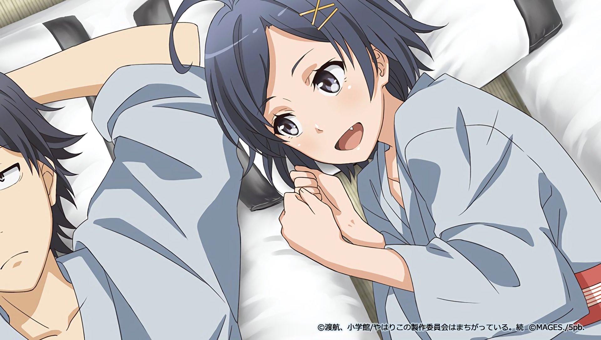 HD anime wallpaper featuring Hachiman Hikigaya and Komachi Hikigaya from My Teen Romantic Comedy SNAFU, showing a close, relaxed moment between the siblings.