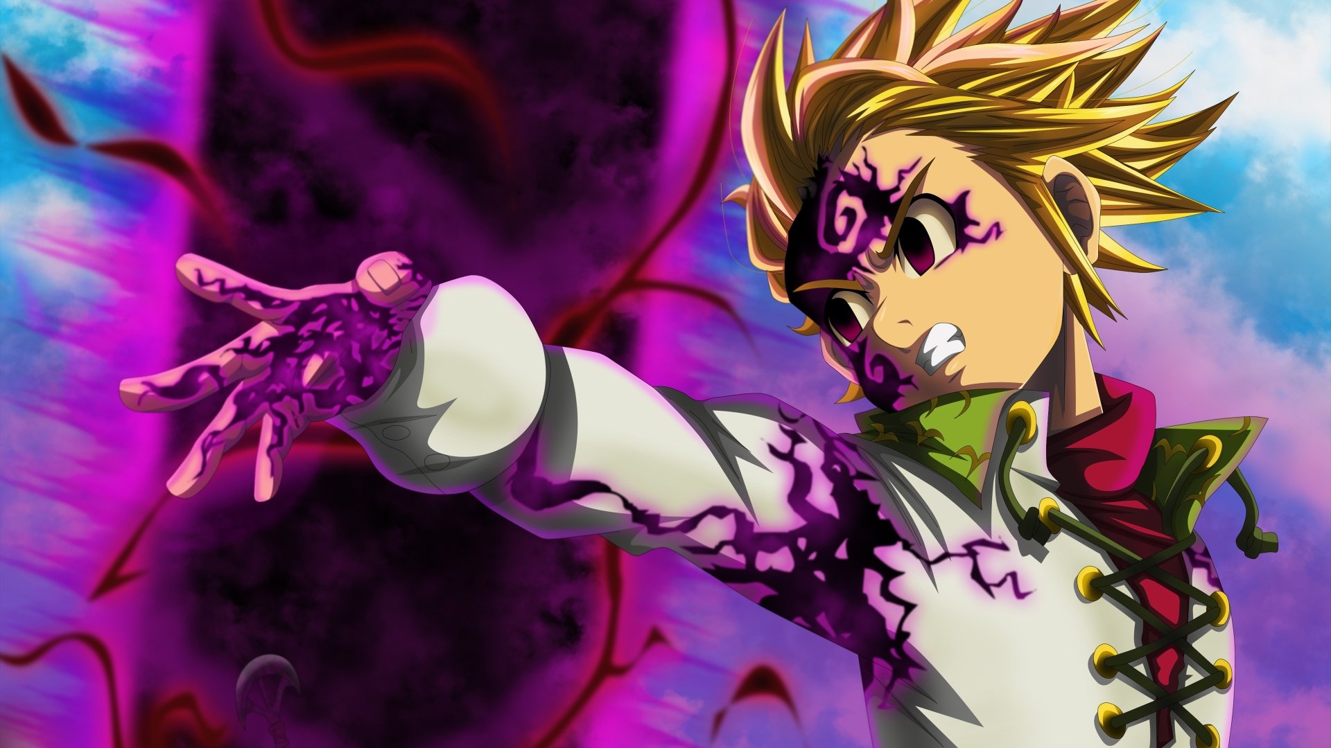 4K Ultra HD PC desktop wallpaper featuring Meliodas from the anime The Seven Deadly Sins, showcasing his demonic power with vibrant purple and black effects.