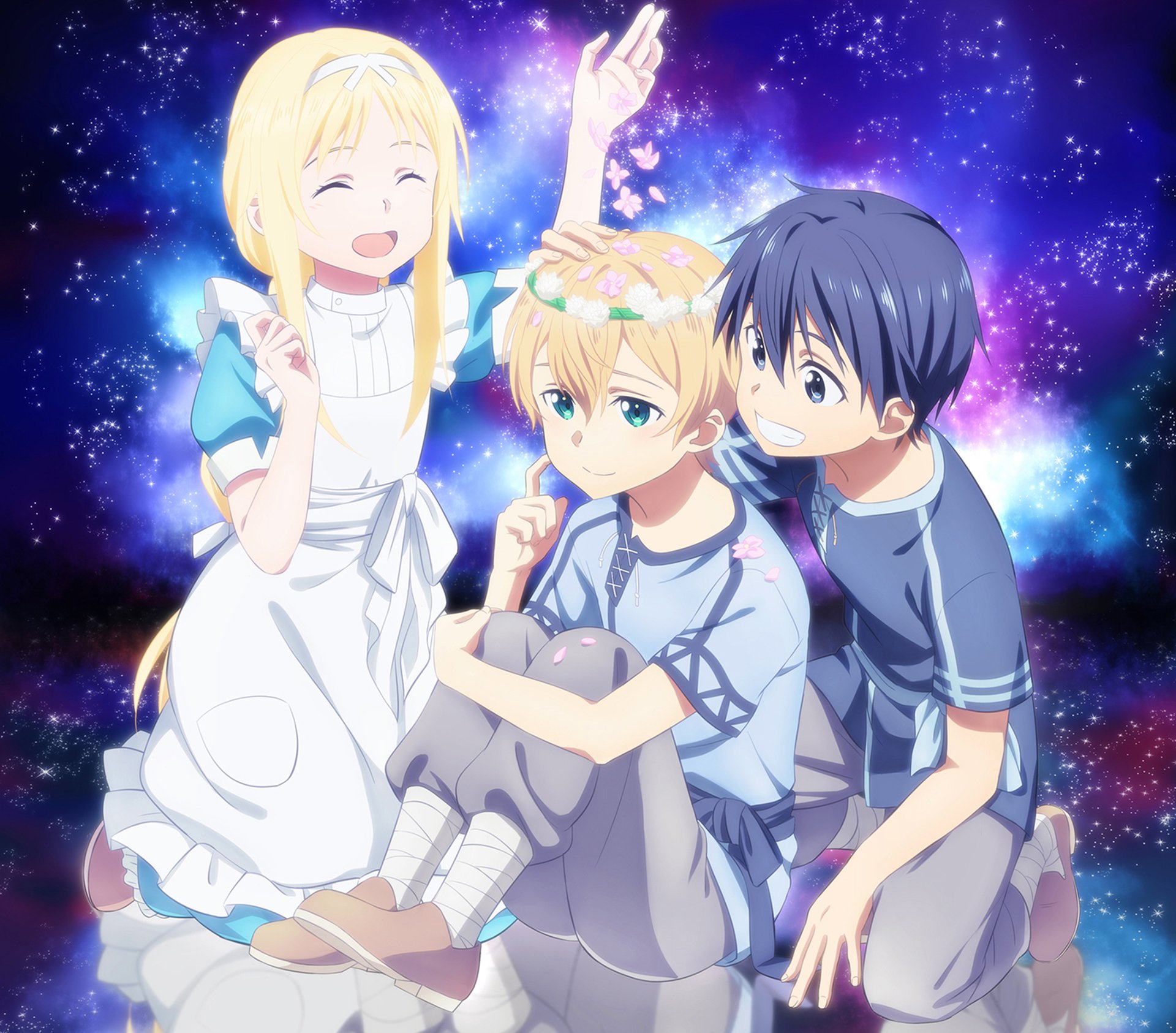 HD desktop wallpaper featuring Alice Zuberg, Eugeo, and Kirito from Sword Art Online: Alicization. Alice and Kirito joyfully surround Eugeo, set against a vibrant, cosmic background.