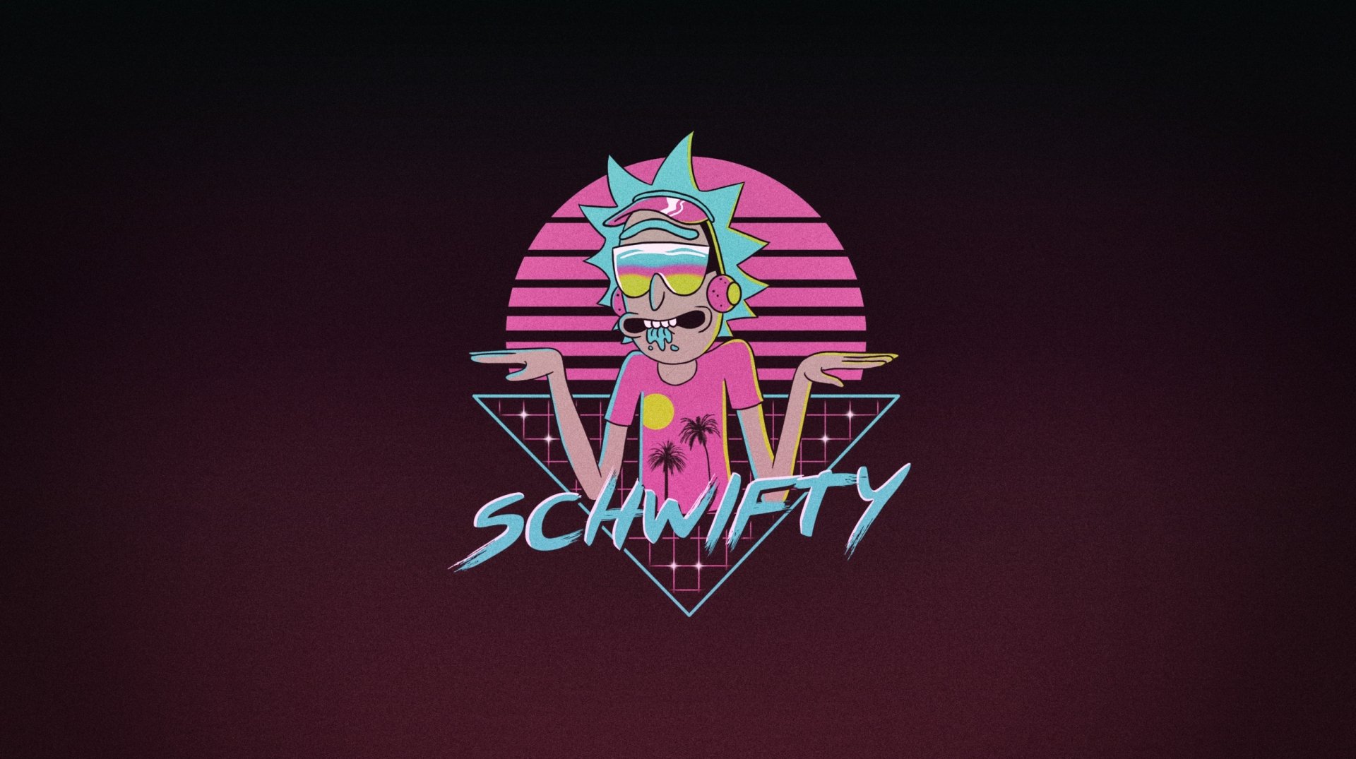 HD desktop wallpaper featuring Rick Sanchez from the TV show Rick and Morty with a retro 80s style design and the word Schwifty in bold text.