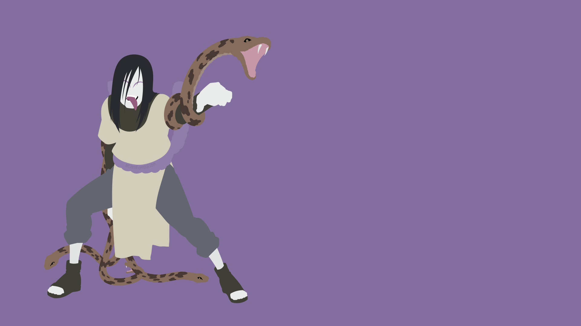 Orochimaru from Naruto depicted in a dynamic pose with a snake, set against a minimalist purple background in 4K Ultra HD anime desktop wallpaper style.