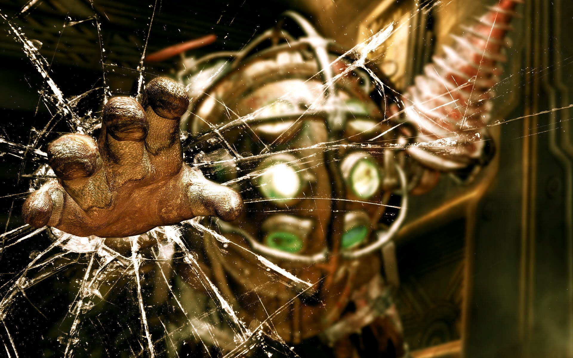 An intense HD wallpaper from the video game Bioshock, featuring a menacing figure breaking through a cracked surface, evoking a sense of danger and immersion in the game's world.