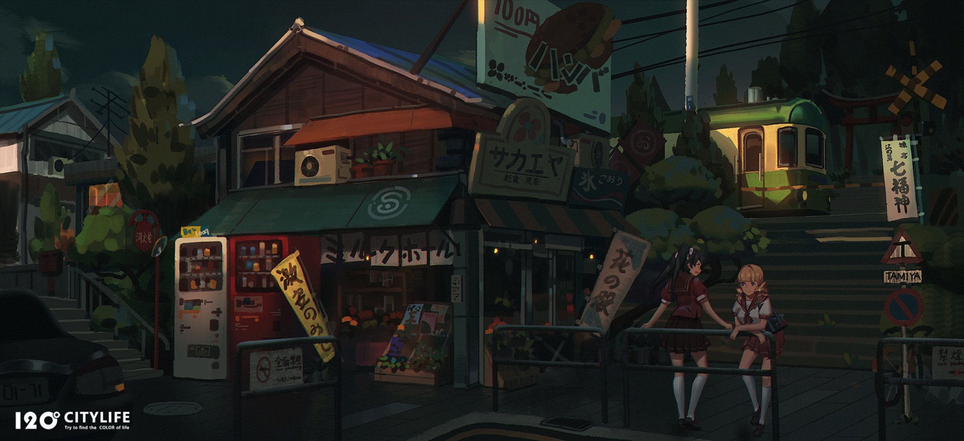 Anime-style HD desktop wallpaper depicting a nighttime scene with a tram passing behind a cozy shop, featuring two girls sitting nearby under soft street lighting.