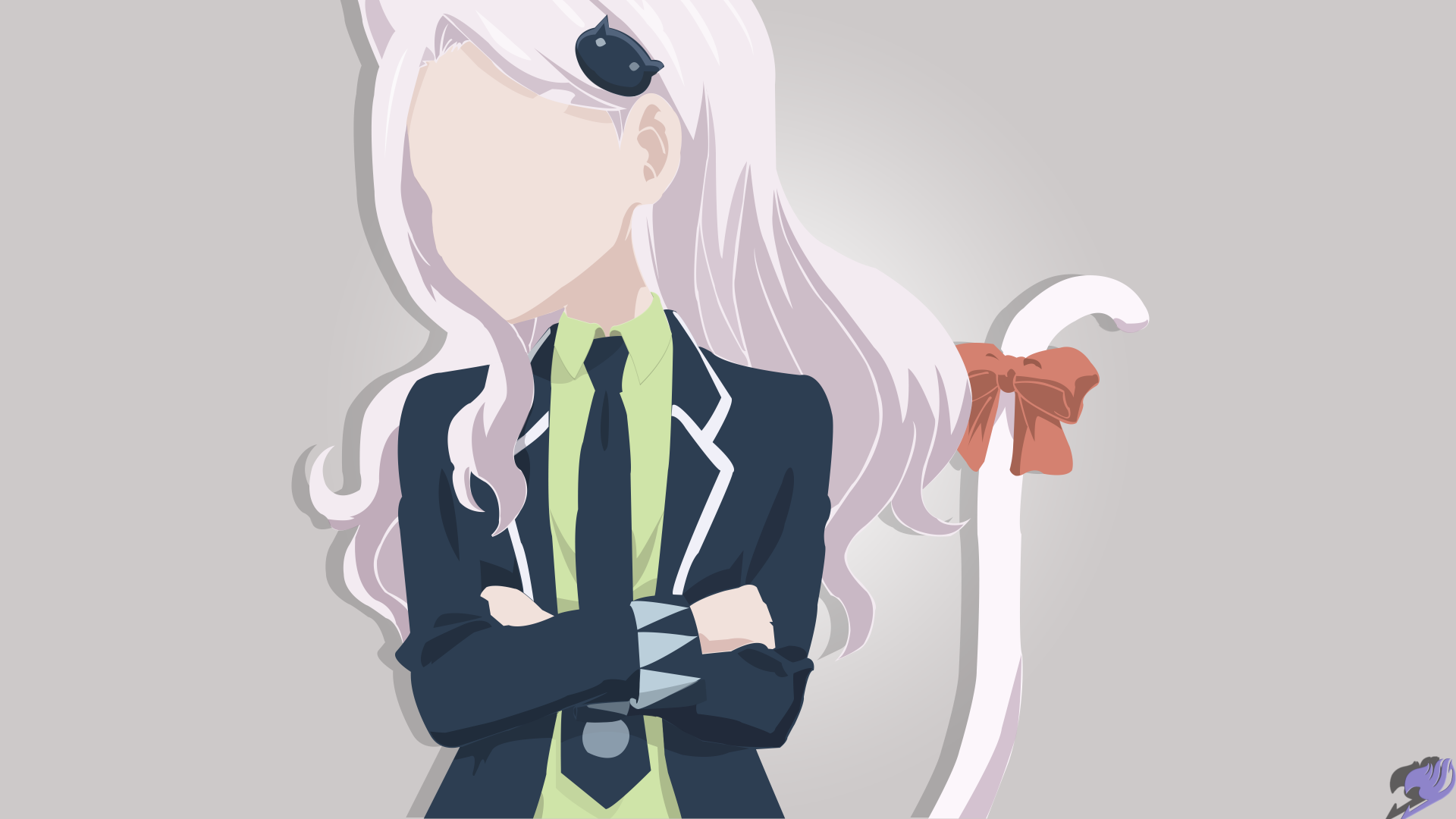 Anime-style 4K Ultra HD Fairy Tail wallpaper featuring a character with long white hair, a black suit, and a tail tied with a red ribbon on a gray background.