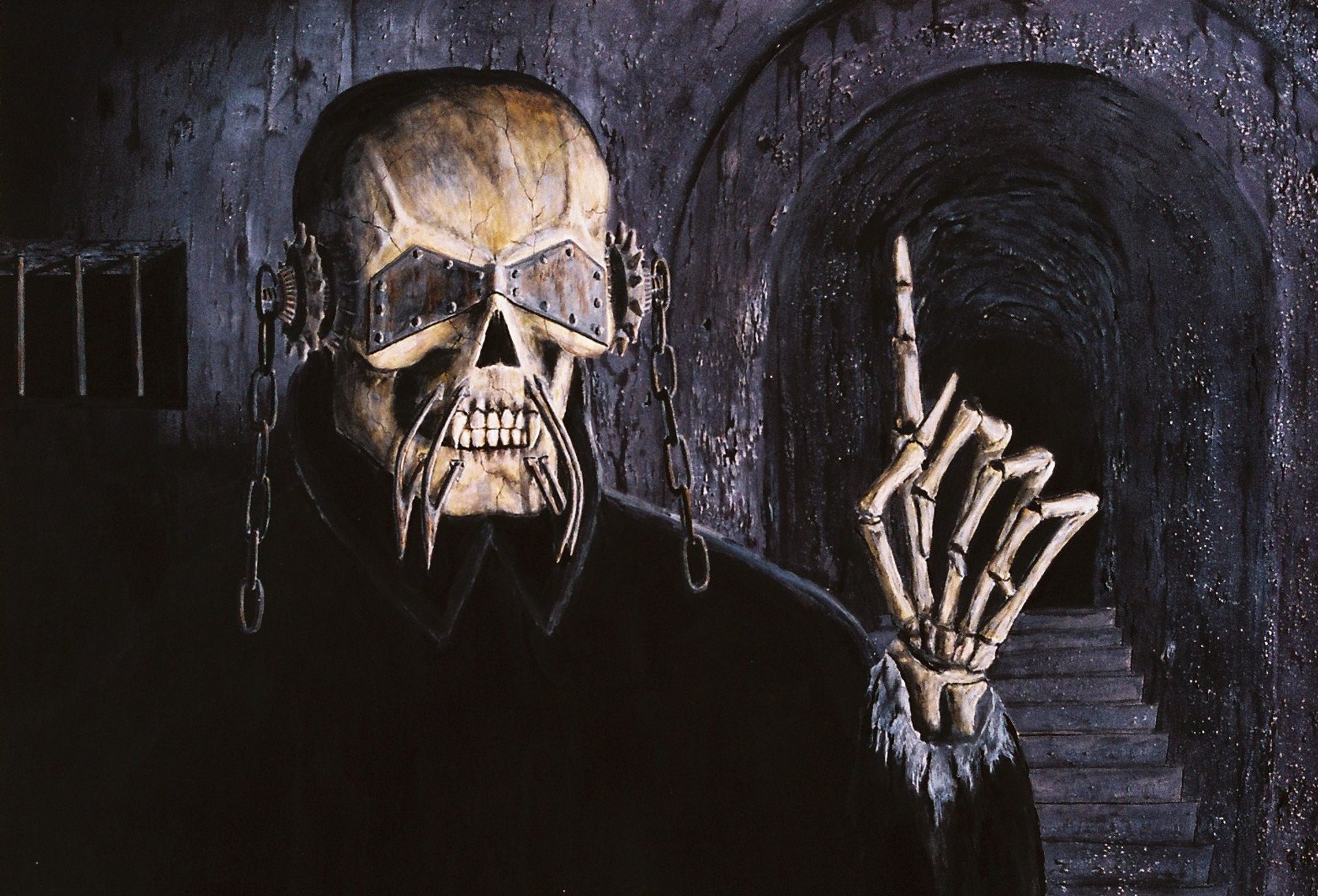 HD PC desktop wallpaper featuring Megadeth's iconic skeletal mascot in a dark, eerie setting, embodying the band's heavy metal music style.