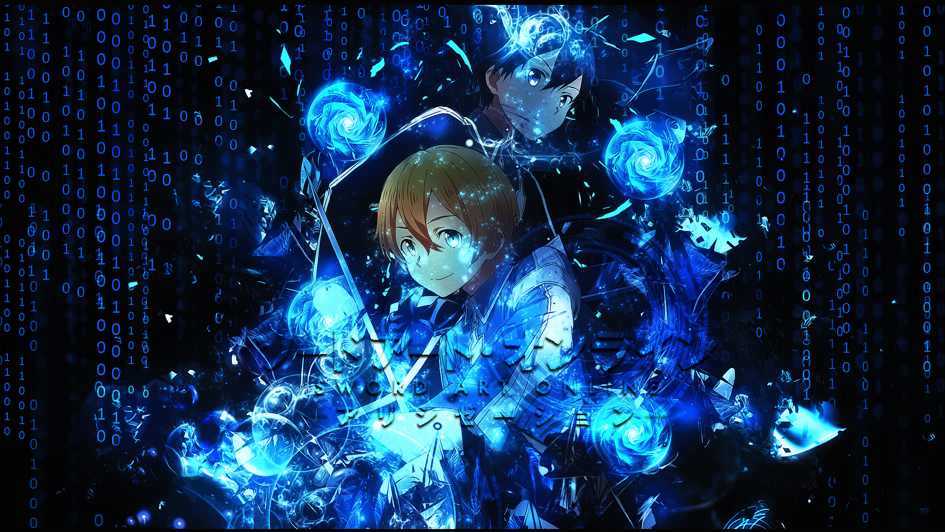 HD anime wallpaper featuring Eugeo and Kirito (Kazuto Kirigaya) from Sword Art Online: Alicization, surrounded by glowing blue digital effects and blue eyes.