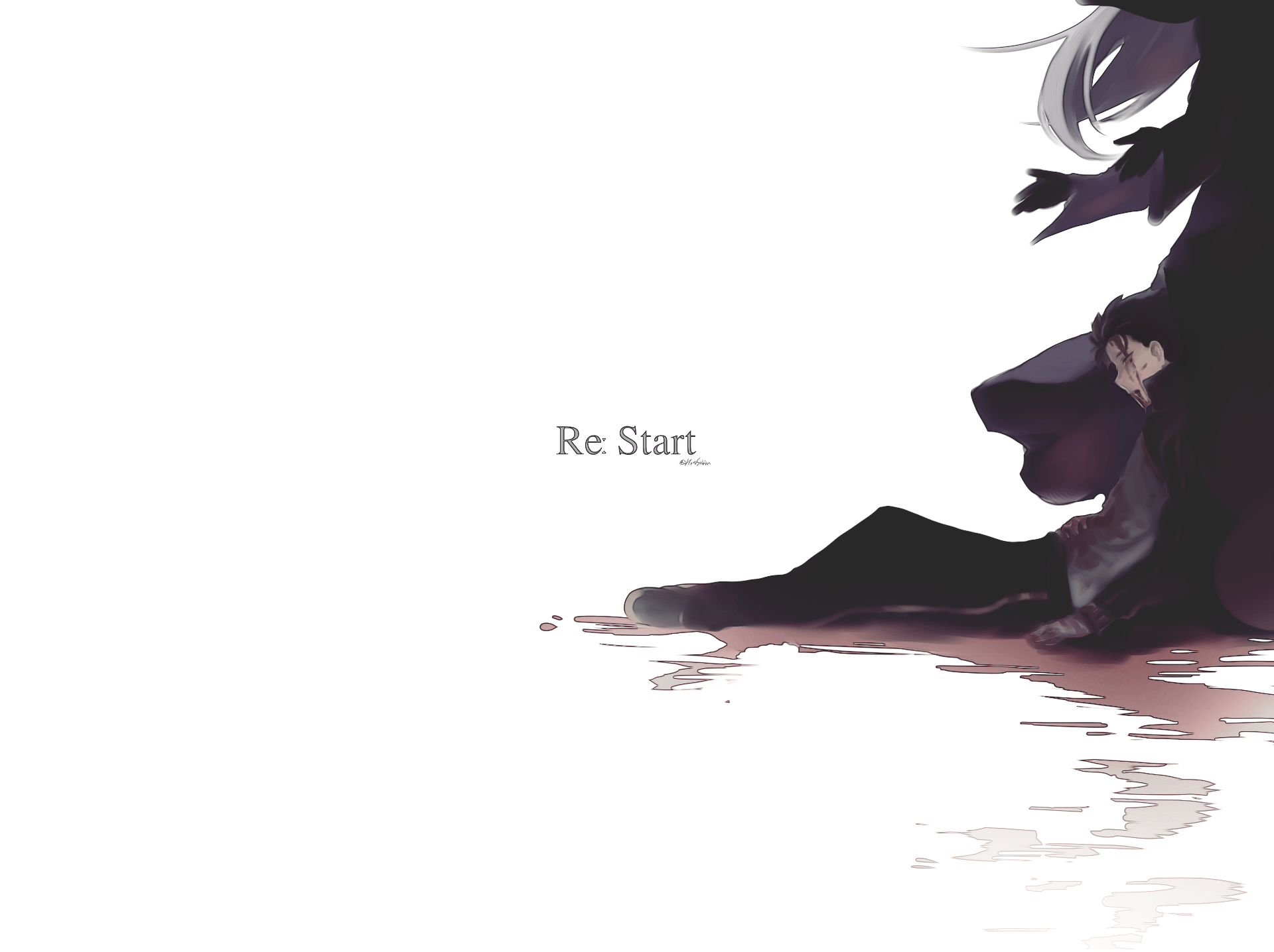 HD PC desktop wallpaper featuring Subaru Natsuki from the anime Re:Zero - Starting Life in Another World, with a minimalist design and the words Re: Start.