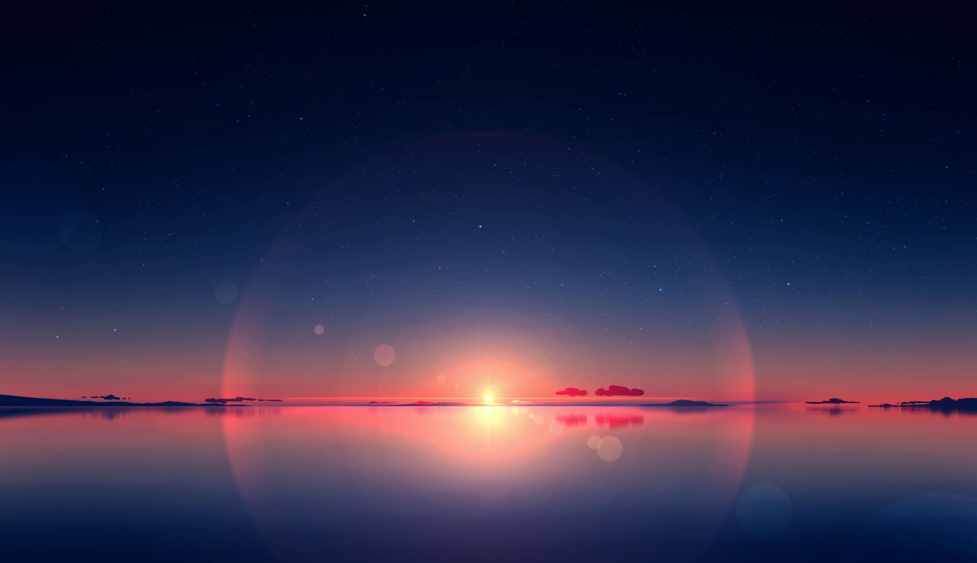 Anime-style HD desktop wallpaper depicting a serene sunrise over calm water with a clear, starry sky blending into warm dawn colors.