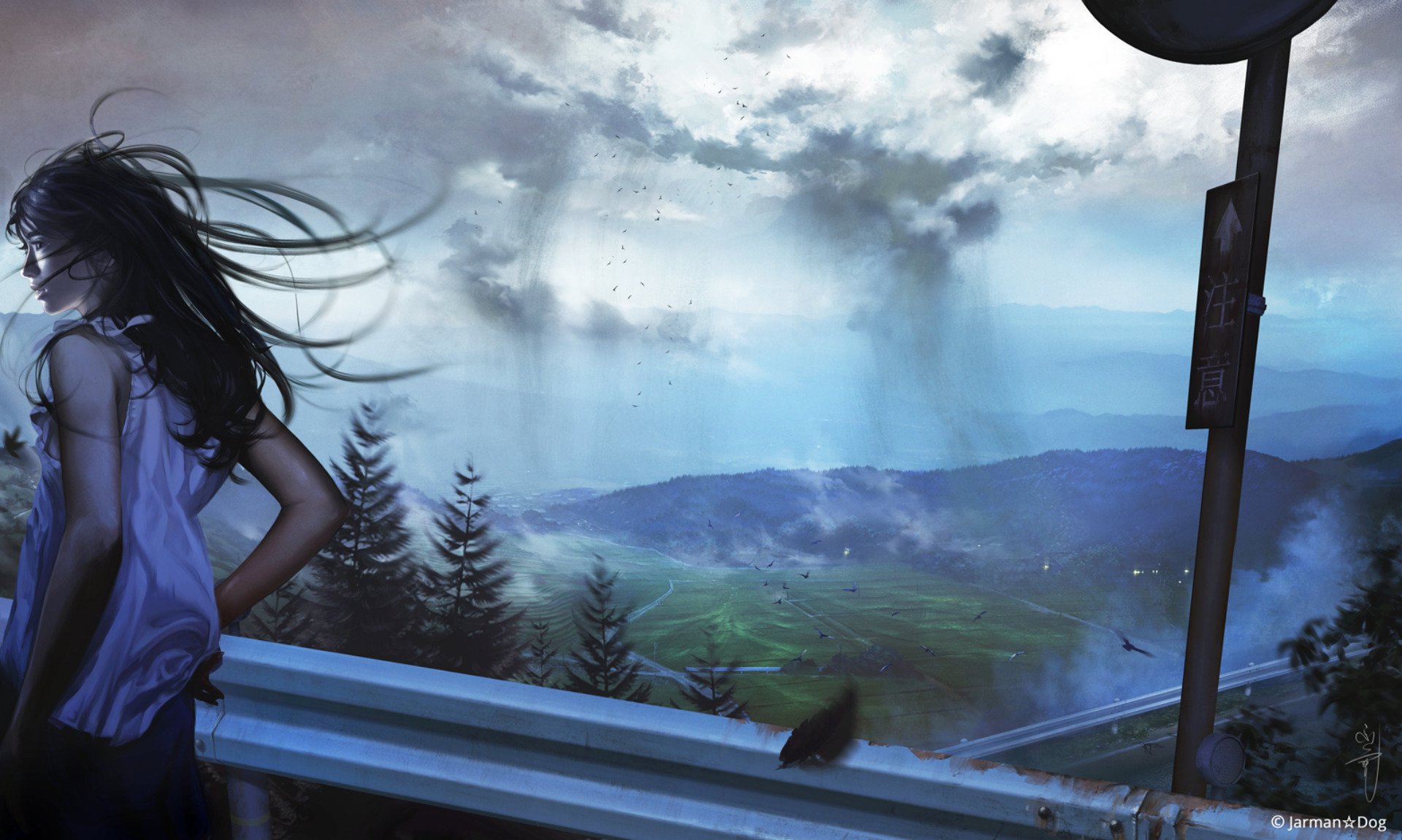 Anime-style original artwork depicts a serene mountain landscape with a girl standing by a guardrail, her hair blowing in the wind. HD desktop wallpaper and background.