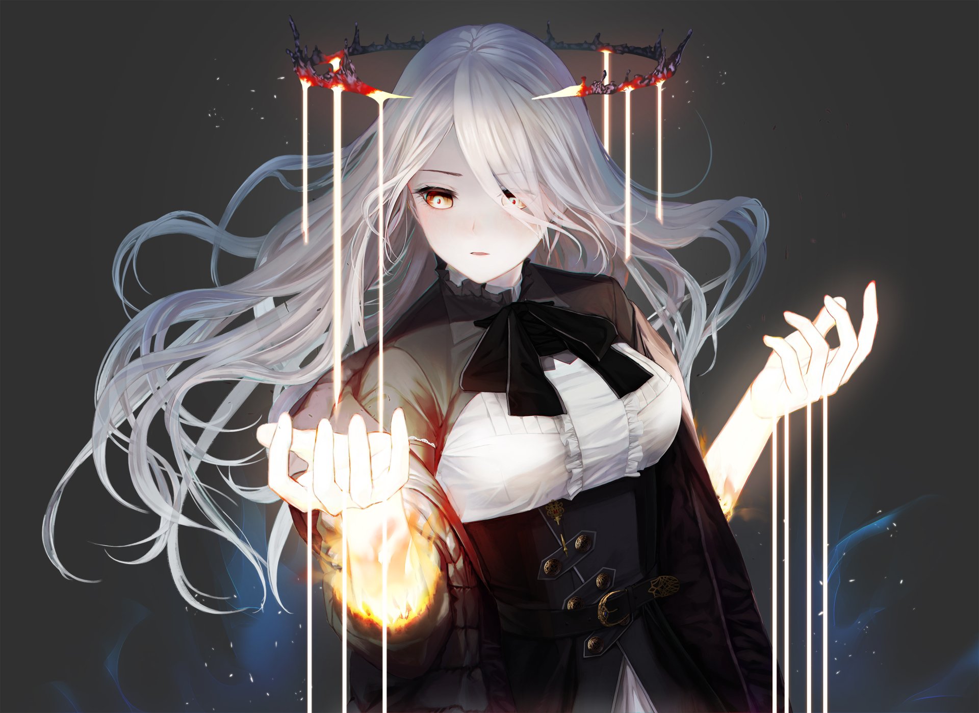 Anime girl with silver hair and a dark outfit, manipulating magical elements, set against a muted backdrop suitable as an HD desktop wallpaper.
