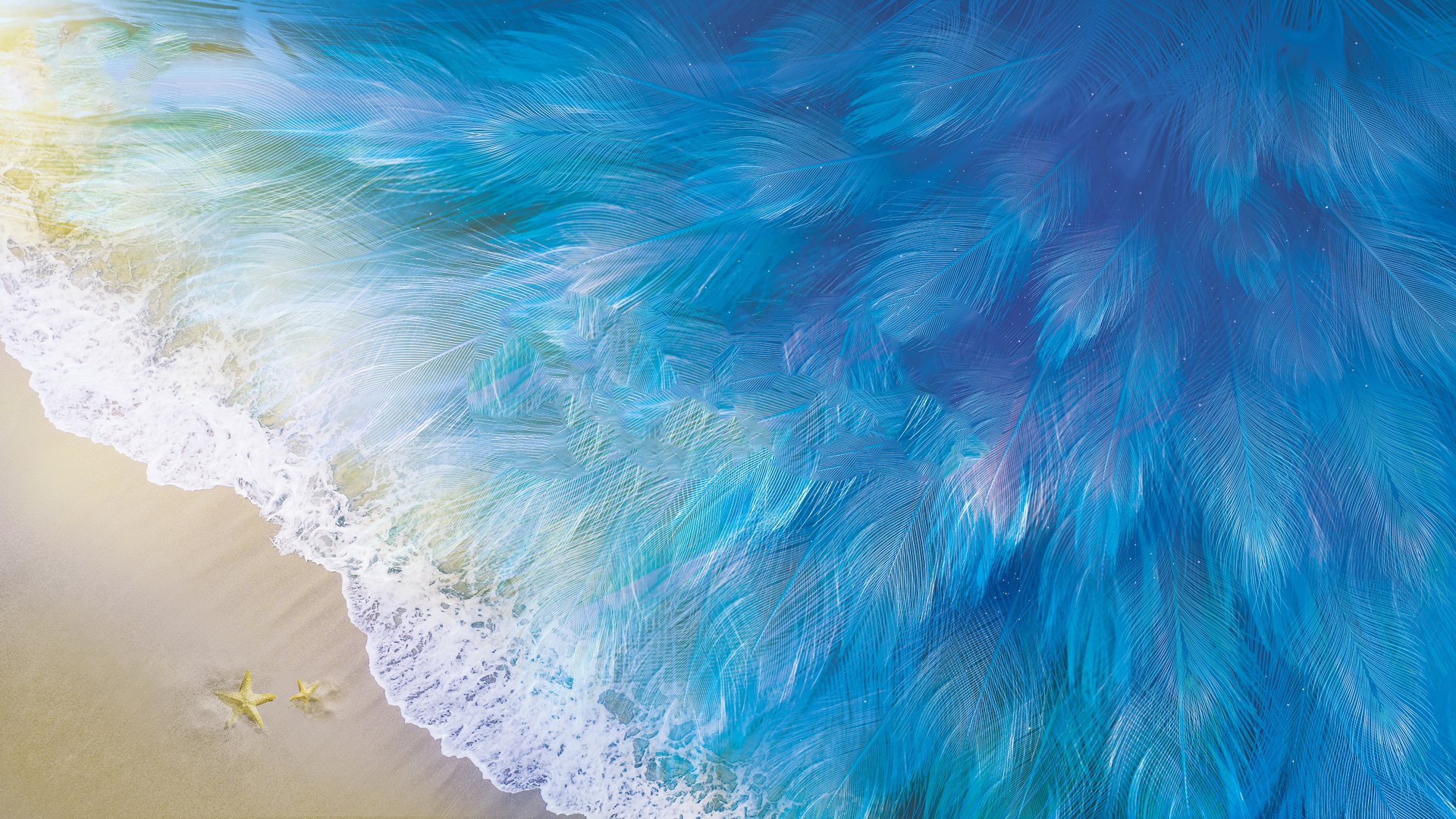 4K Ultra HD PC desktop wallpaper and background: artistic feather-textured blue and turquoise waves blending into a sandy beach with two starfish.