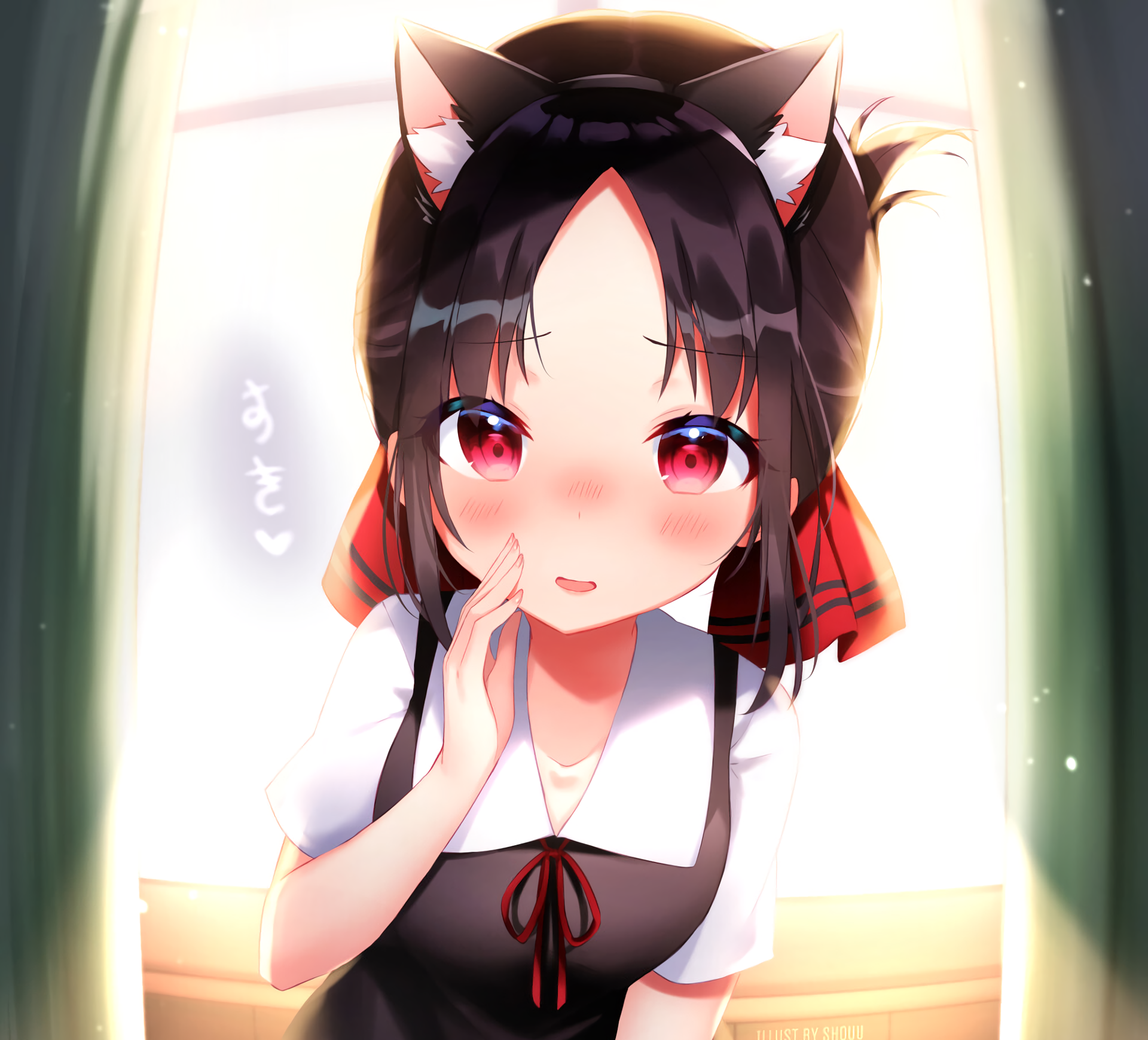 HD desktop wallpaper featuring Kaguya Shinomiya from the anime Kaguya-sama: Love is War, blushing with a hand near her face.