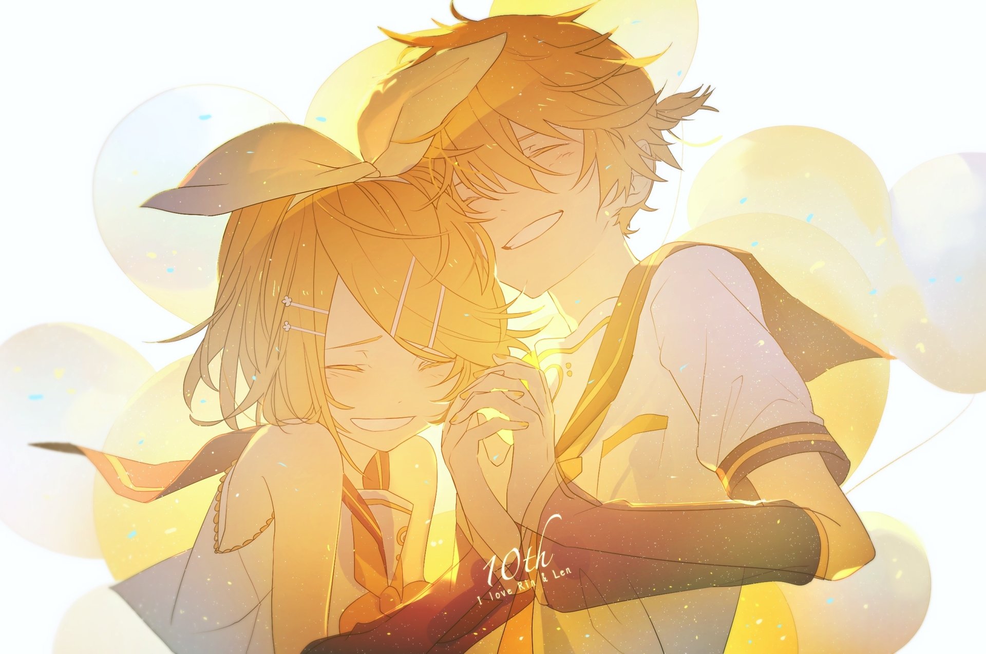 HD anime desktop wallpaper featuring Vocaloid characters Len Kagamine and Rin Kagamine sharing a gentle, warm moment with soft sunlight and glowing effects.