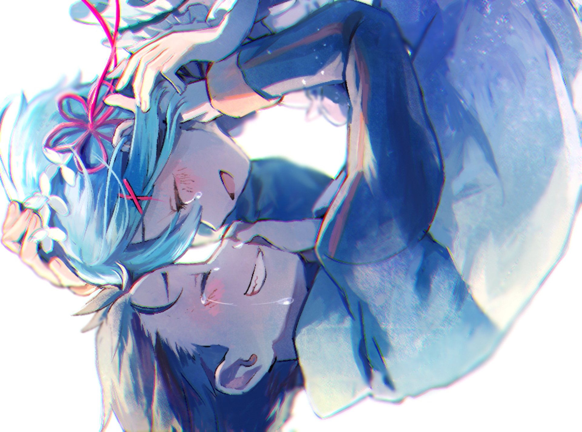 HD anime desktop wallpaper featuring Rem and Subaru Natsuki from Re:Zero - Starting Life in Another World, capturing a tender moment between the characters.