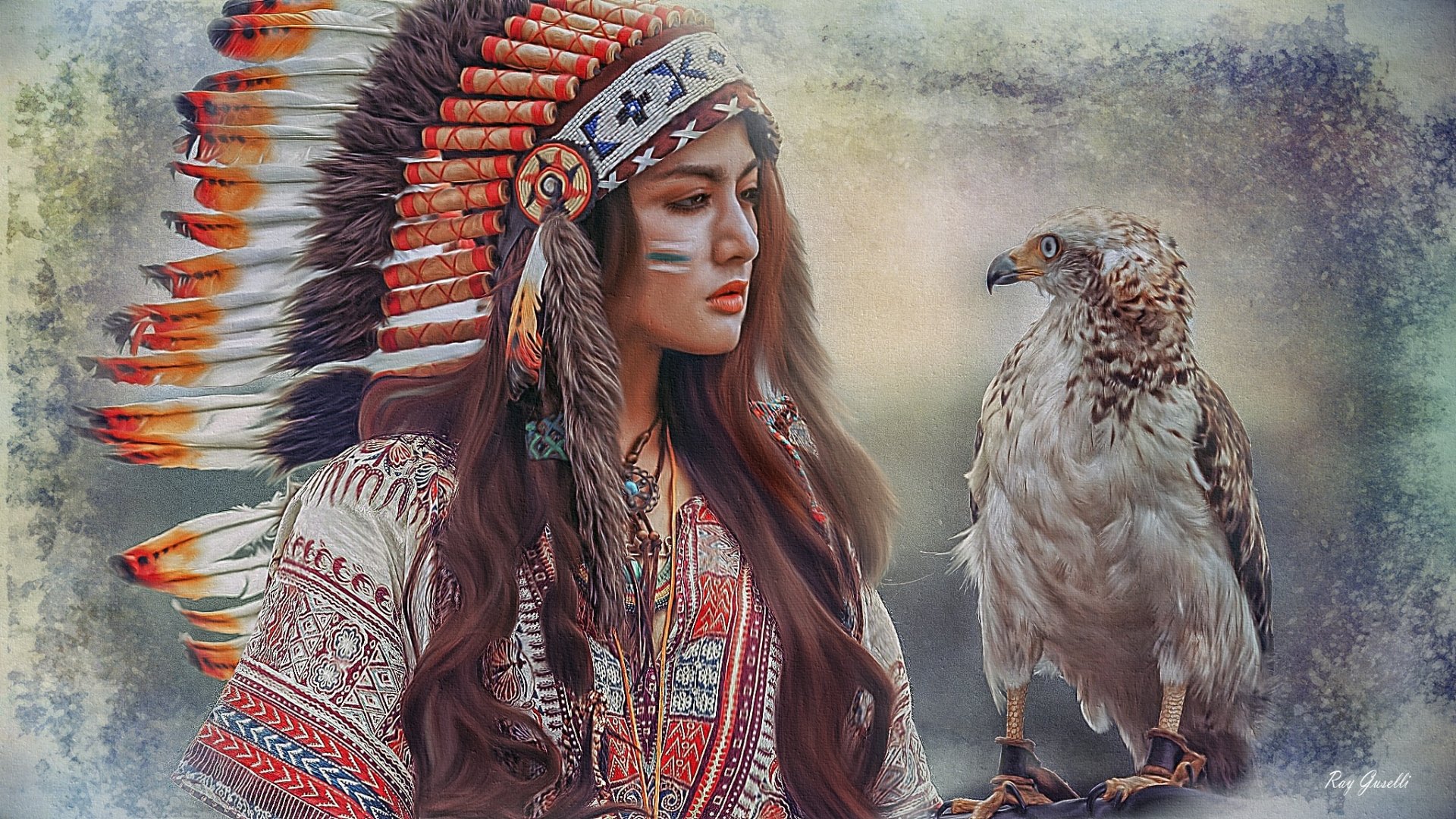 HD desktop wallpaper featuring a Native American woman in traditional attire with a feathered headdress, gazing at a perched eagle against a textured background.