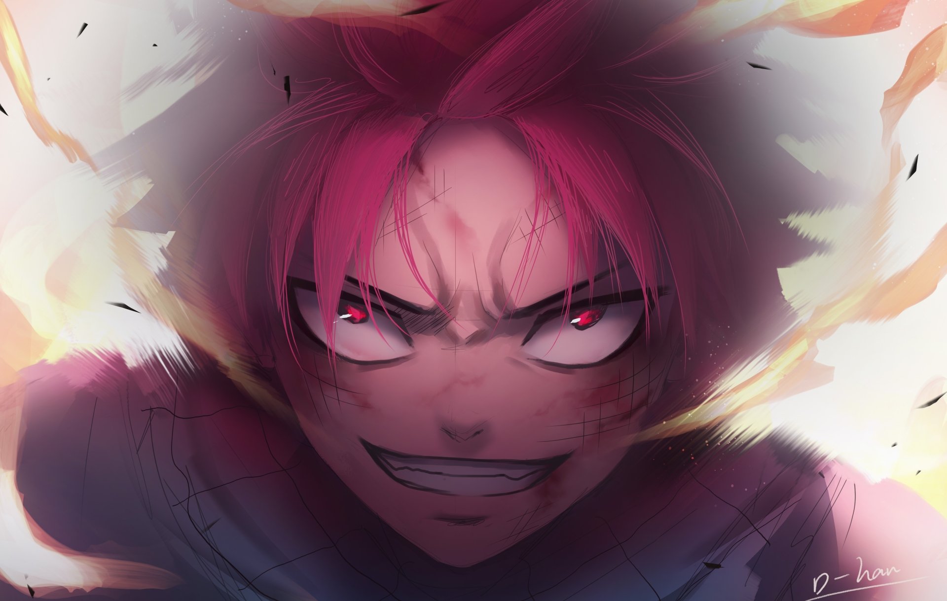 Natsu Dragneel from Fairy Tail depicted with intense expression and fiery aura in this vibrant 4K Ultra HD anime desktop wallpaper.