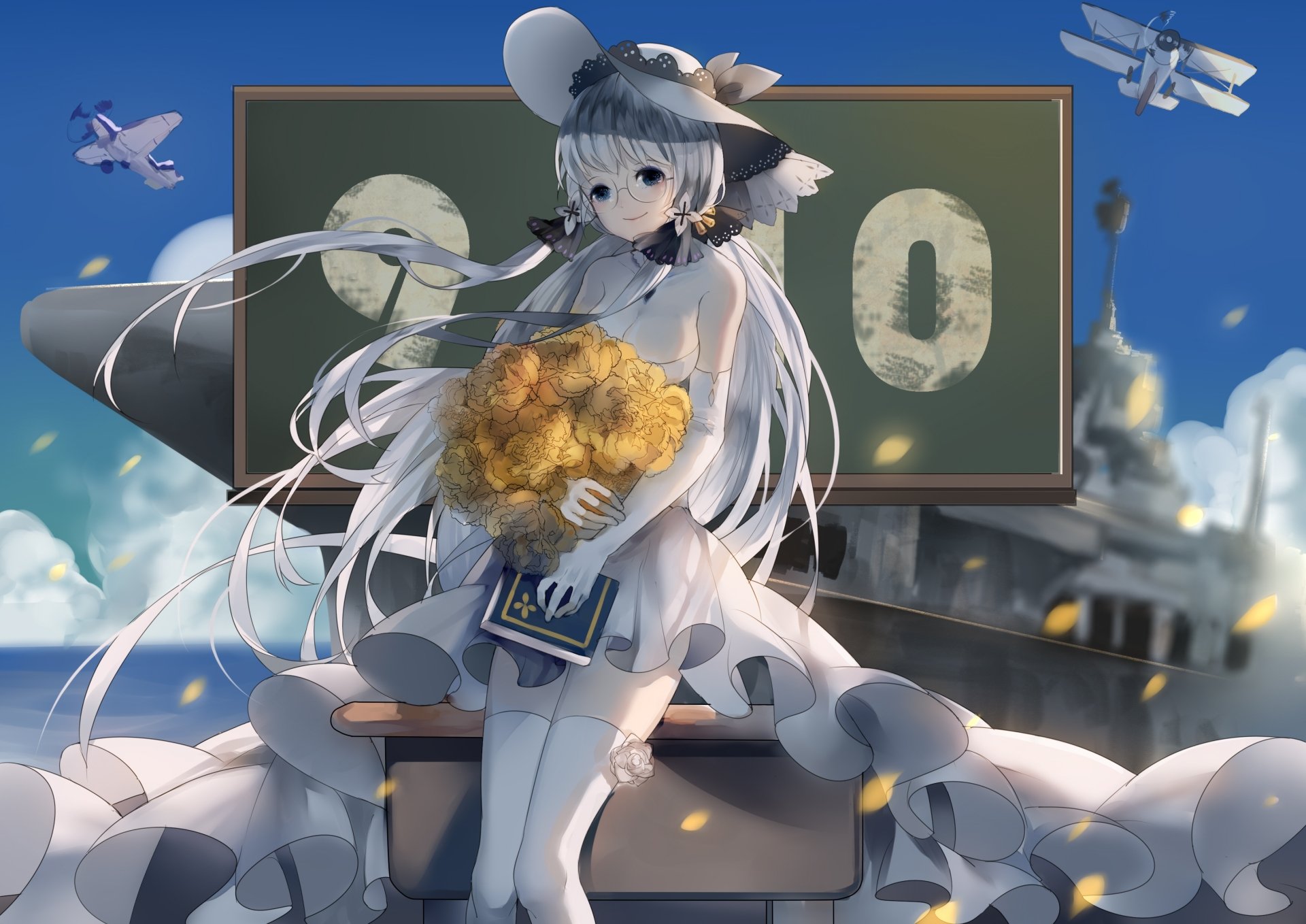 Illustrious (Azur Lane) anime portrait: white-clad ship girl in a hat holding a yellow bouquet on a carrier deck with planes and blue sky — 2K Quad HD PC desktop wallpaper/background.