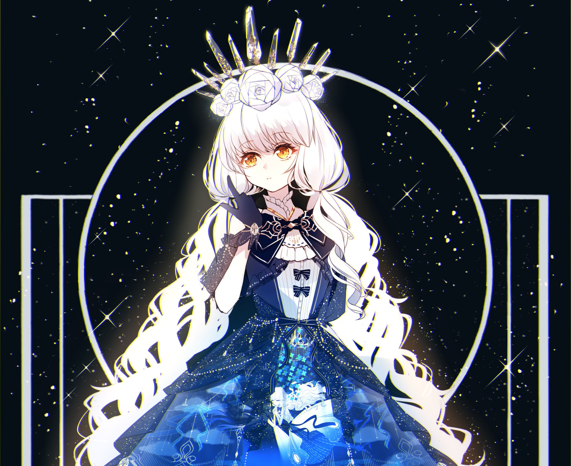 Anime girl with long white hair and glowing yellow eyes, dressed in an elegant dark blue gown with floral headpiece, set against a starry black background.