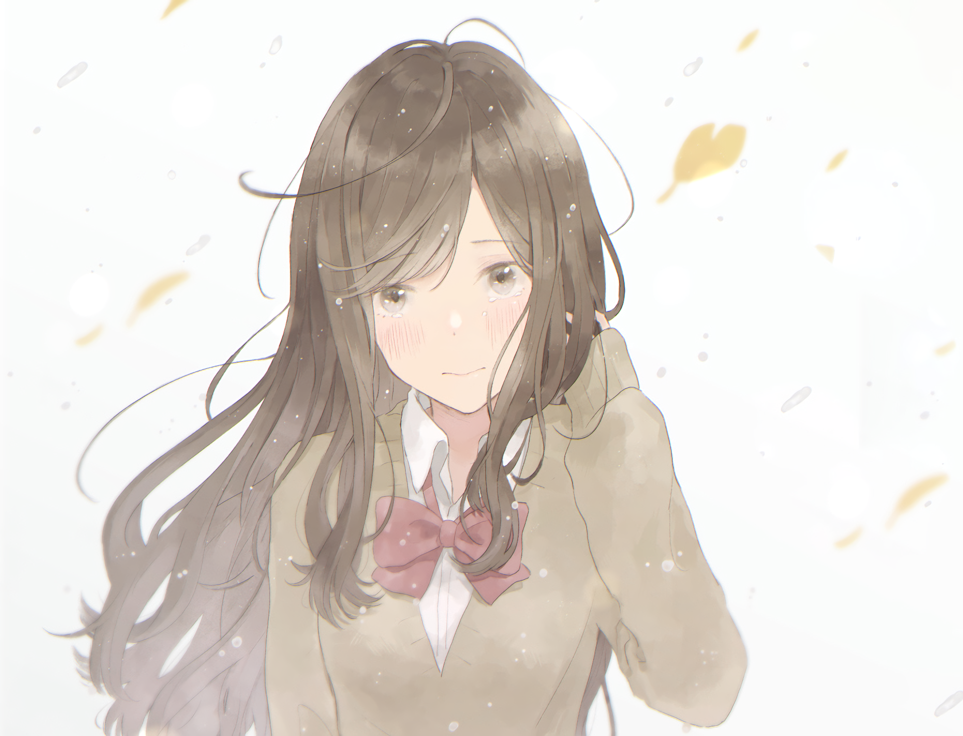 HD PC desktop wallpaper: teary anime girl with long brown hair in a school uniform and bow, soft pastel background with drifting petals.