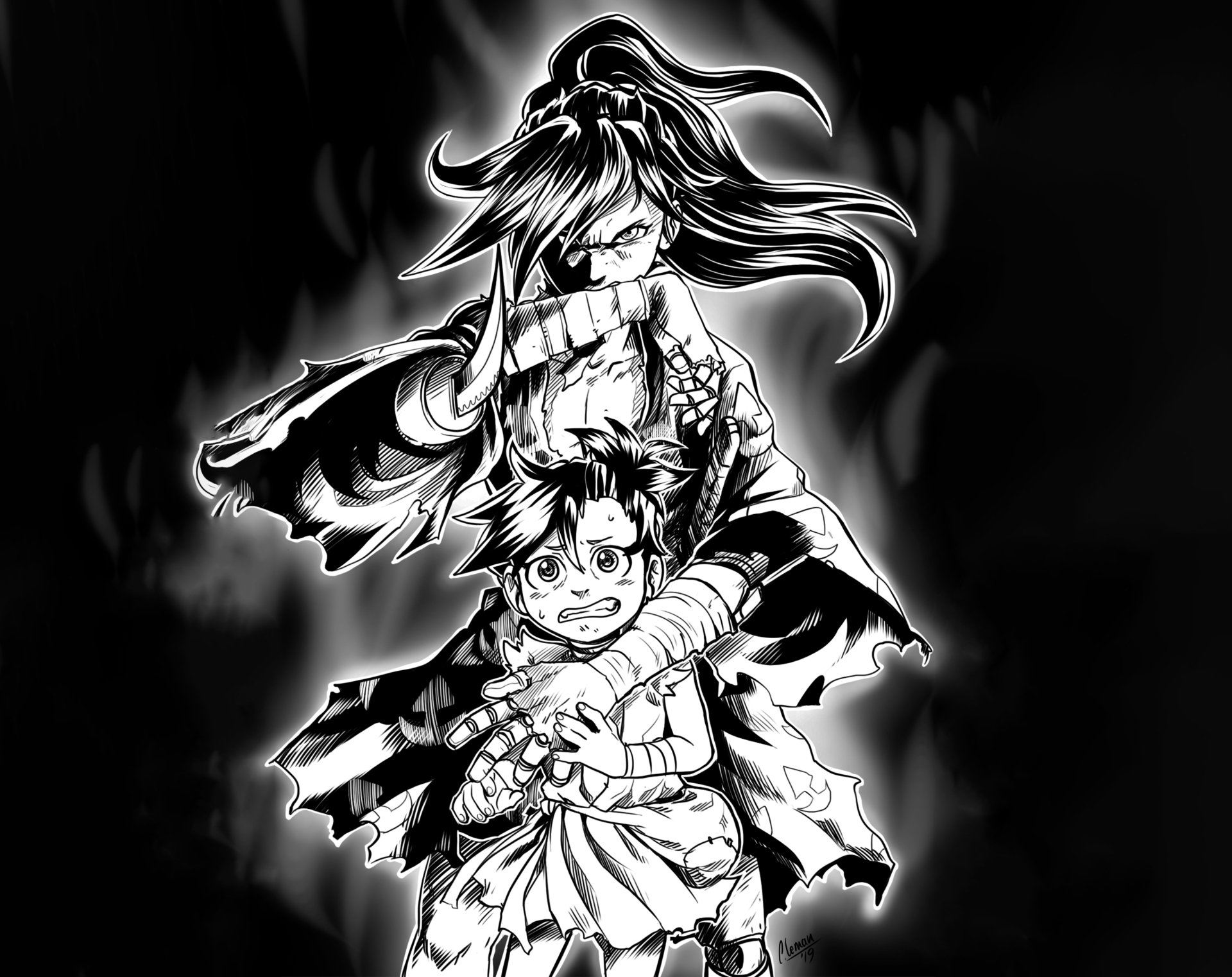 Black and white HD anime wallpaper featuring Hyakkimaru and Dororo characters from the series Dororo in a dramatic, intense pose with dark flames in the background.