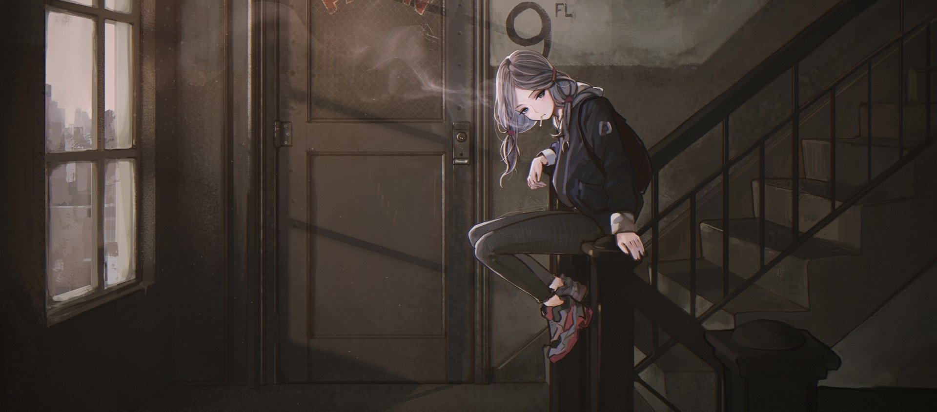 Anime-style HD desktop wallpaper featuring a long-haired character with twintails wearing a hoodie, sitting on stairs while holding a cigarette in a dimly lit setting.