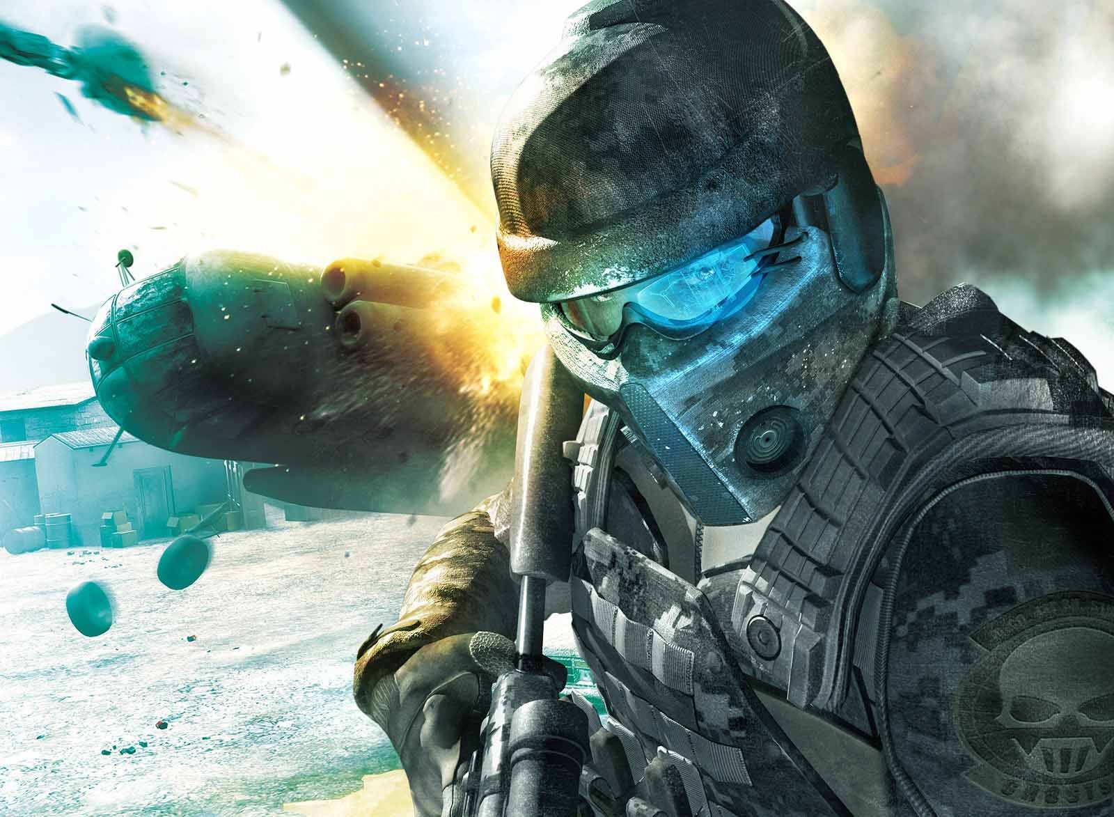 HD PC desktop wallpaper featuring a soldier in futuristic combat gear from Tom Clancy's Ghost Recon: Future Soldier with an explosive background scene.