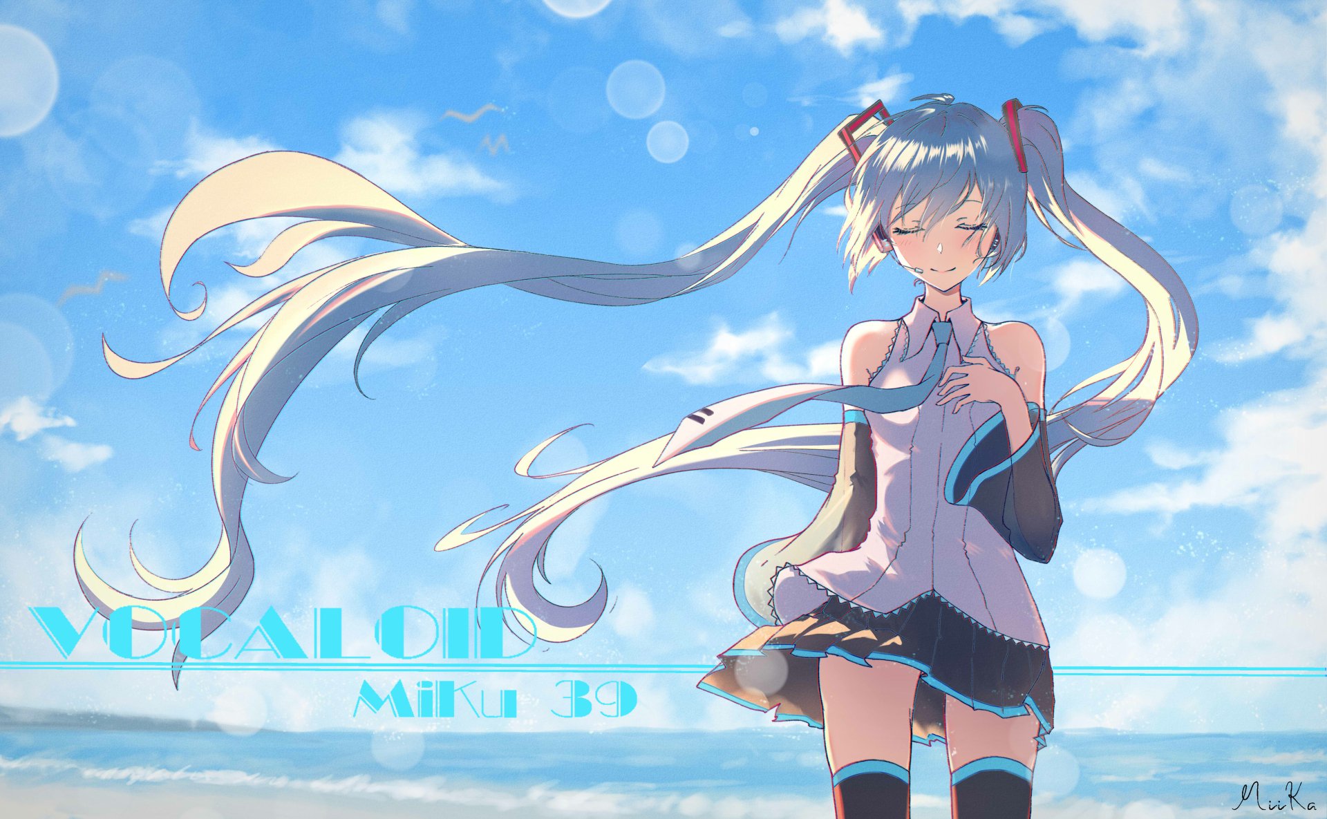 A vibrant 4K Ultra HD wallpaper featuring Hatsune Miku, the iconic Vocaloid character, stands against a picturesque sky, embodying a serene and enchanting anime aesthetic.