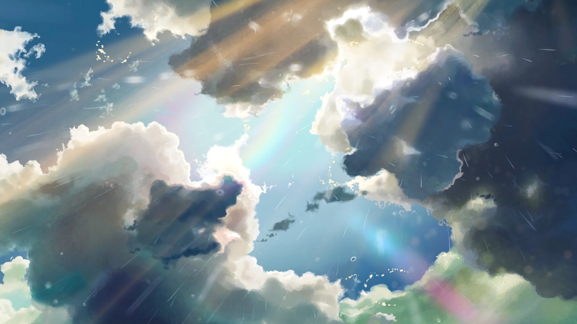 Vibrant 8K Ultra HD anime wallpaper inspired by The Garden of Words, featuring dramatic sunrays piercing through dynamic clouds in a serene sky.