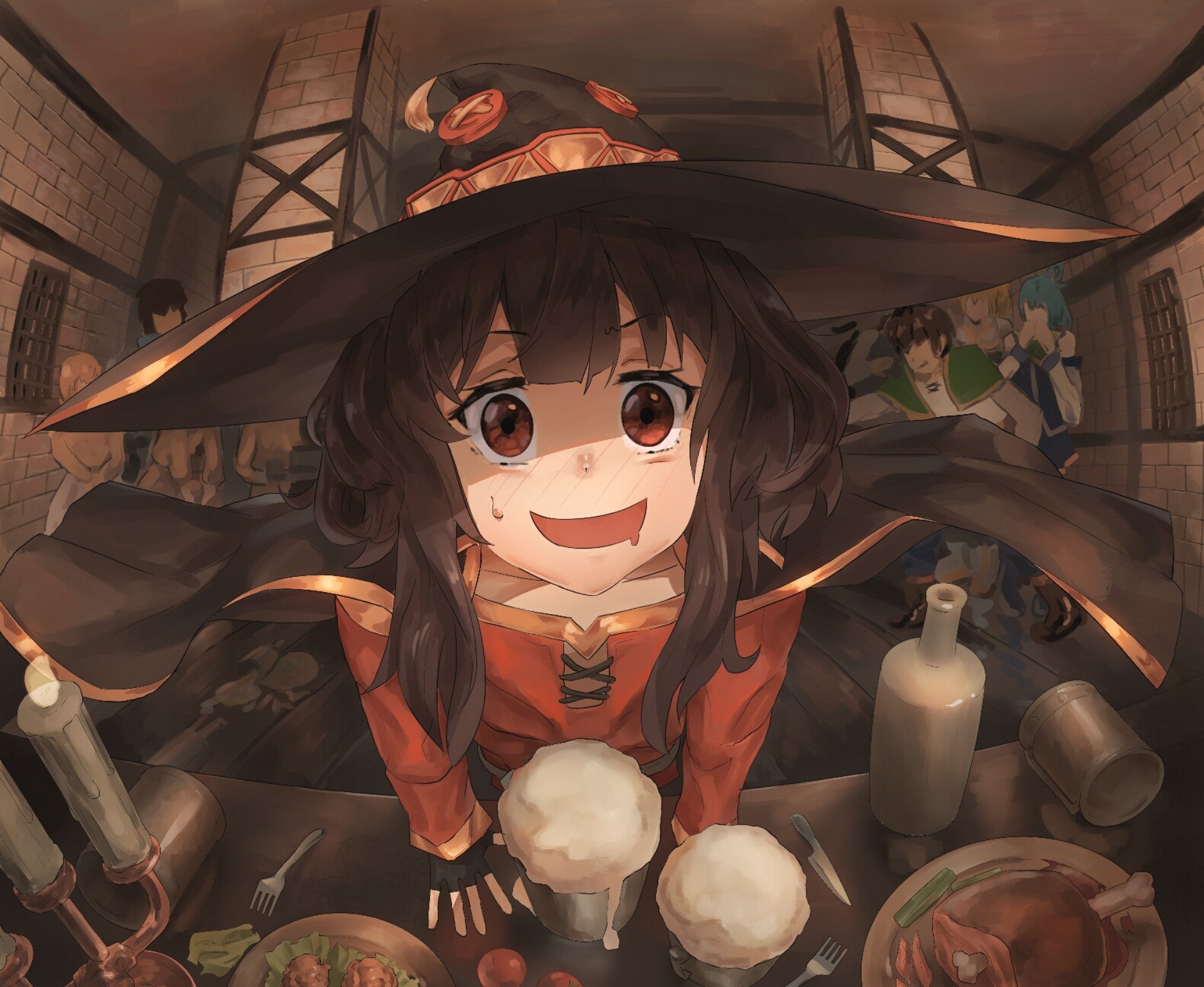HD PC desktop wallpaper of Megumin (KonoSuba) from KonoSuba - God’s blessing on this wonderful world!! — anime portrait of her in a witch hat and red cloak grinning amid tavern bottles.