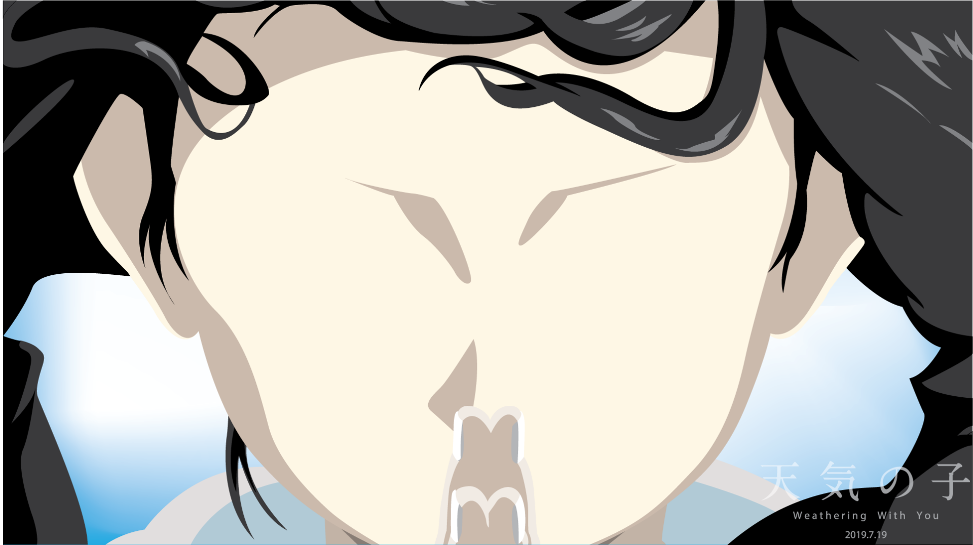 Minimalist anime HD desktop wallpaper: stylized close-up of Hina Amano (Weathering with You) with wind-swept hair and a soft sky background.