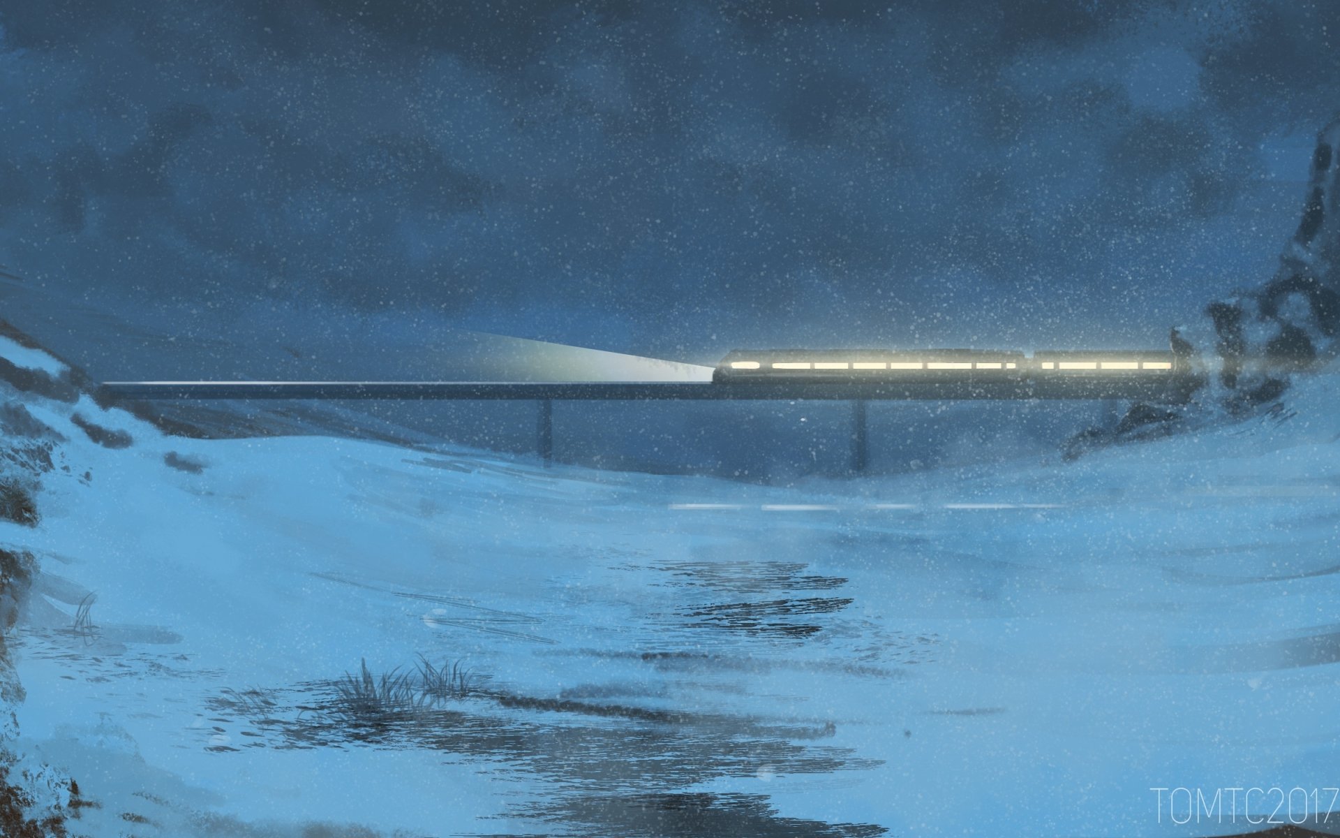 HD PC desktop wallpaper featuring a glowing fantasy train crossing a snowy winter landscape under a dark, starry sky.