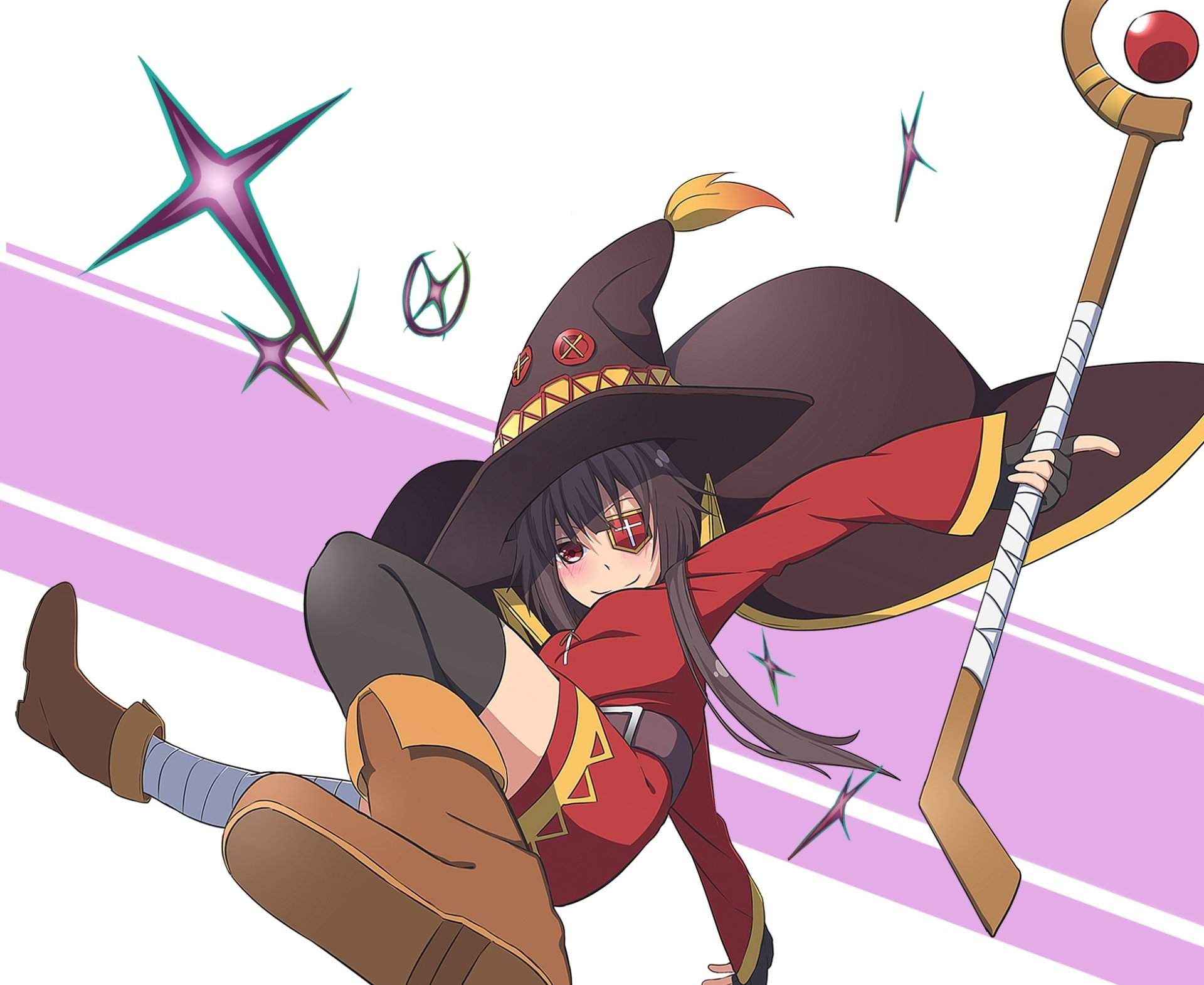 Megumin (KonoSuba) in her witch hat and holding her staff, energetic anime HD PC desktop wallpaper/background with purple accents — KonoSuba: God’s blessing on this wonderful world!!