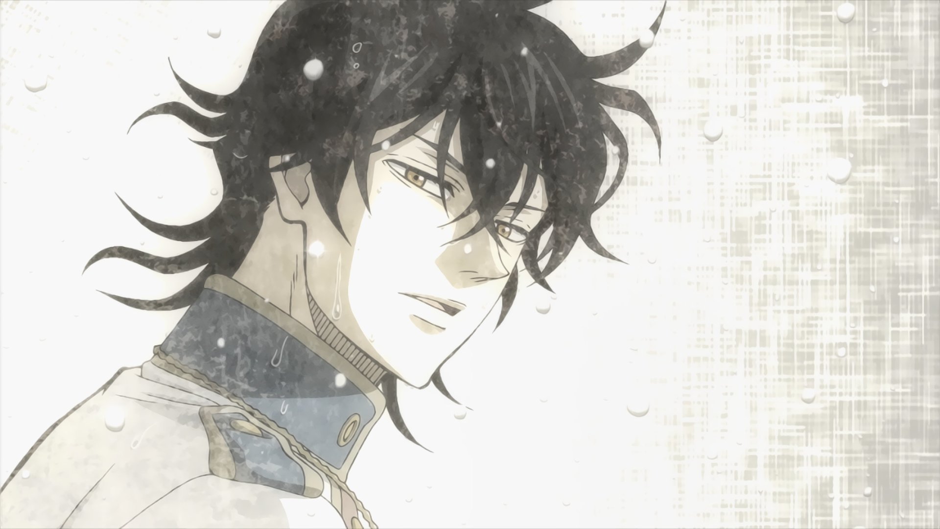 HD anime desktop wallpaper featuring Yuno from Black Clover, showcasing his dark hair and intense gaze against a pale, textured background.