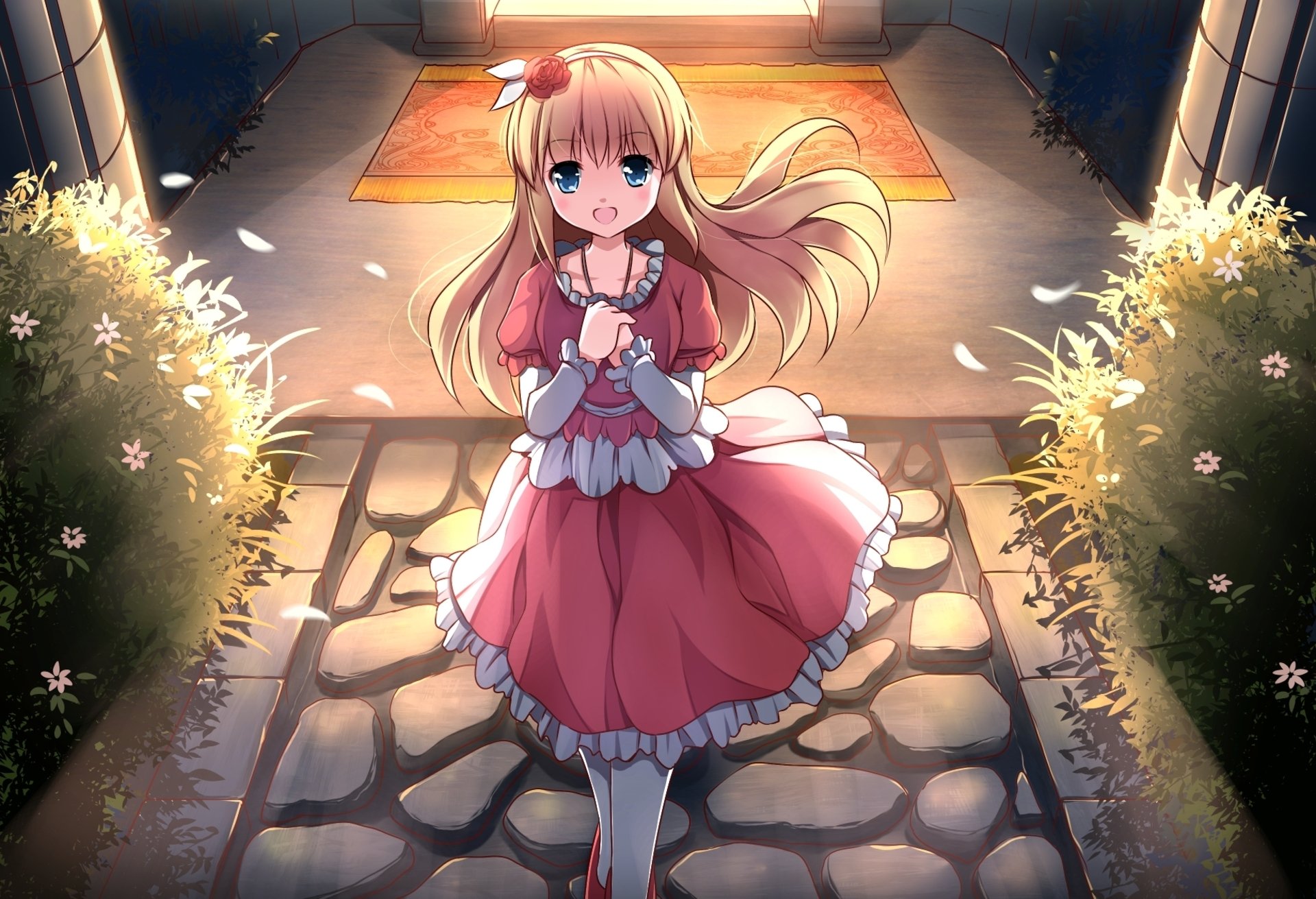 HD anime-style original artwork of a blonde girl in a red dress standing on a cobblestone path illuminated by warm lights, designed as a PC desktop wallpaper.