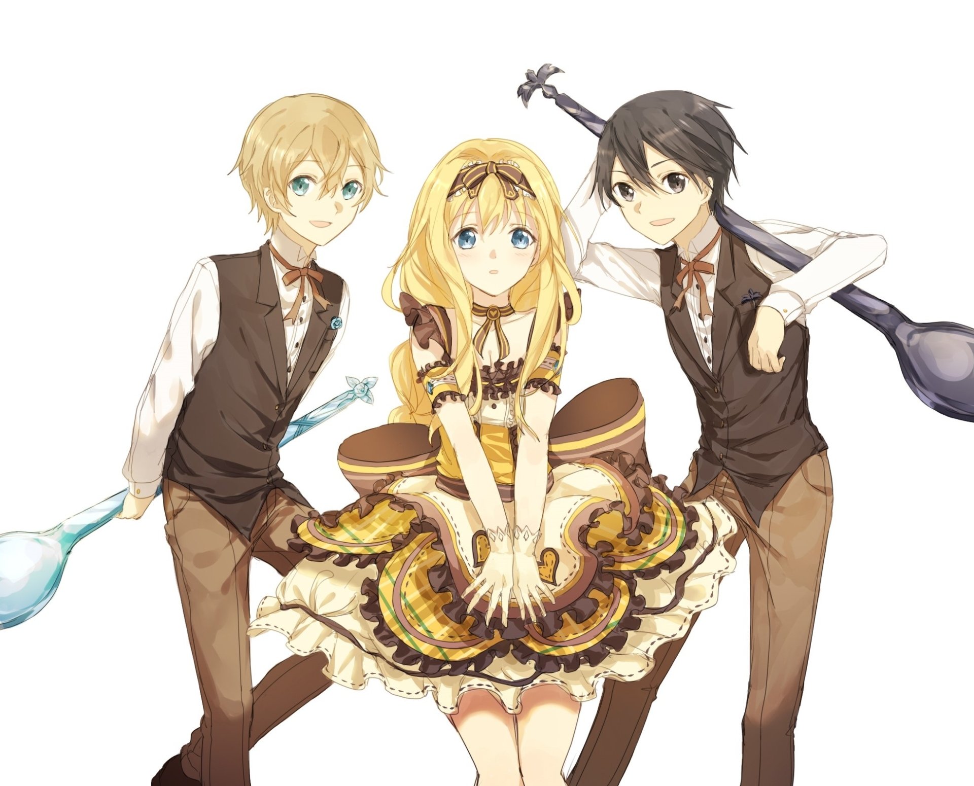 Anime wallpaper featuring Eugeo with blue eyes, Alice Zuberg with green eyes in a dress, and Kirito (Kazuto Kirigaya) with black hair and eyes from Sword Art Online: Alicization.