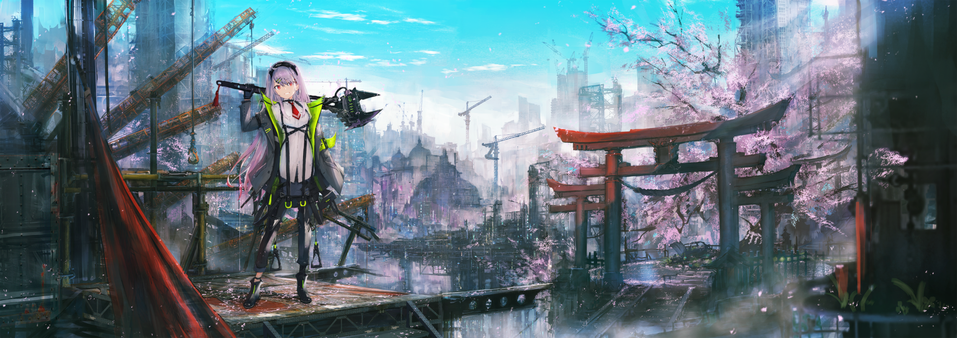 Anime-style HD desktop wallpaper featuring an original character with two-toned pink and grey long hair, red eyes, holding a wrench amidst cherry blossoms and a cityscape with cranes.