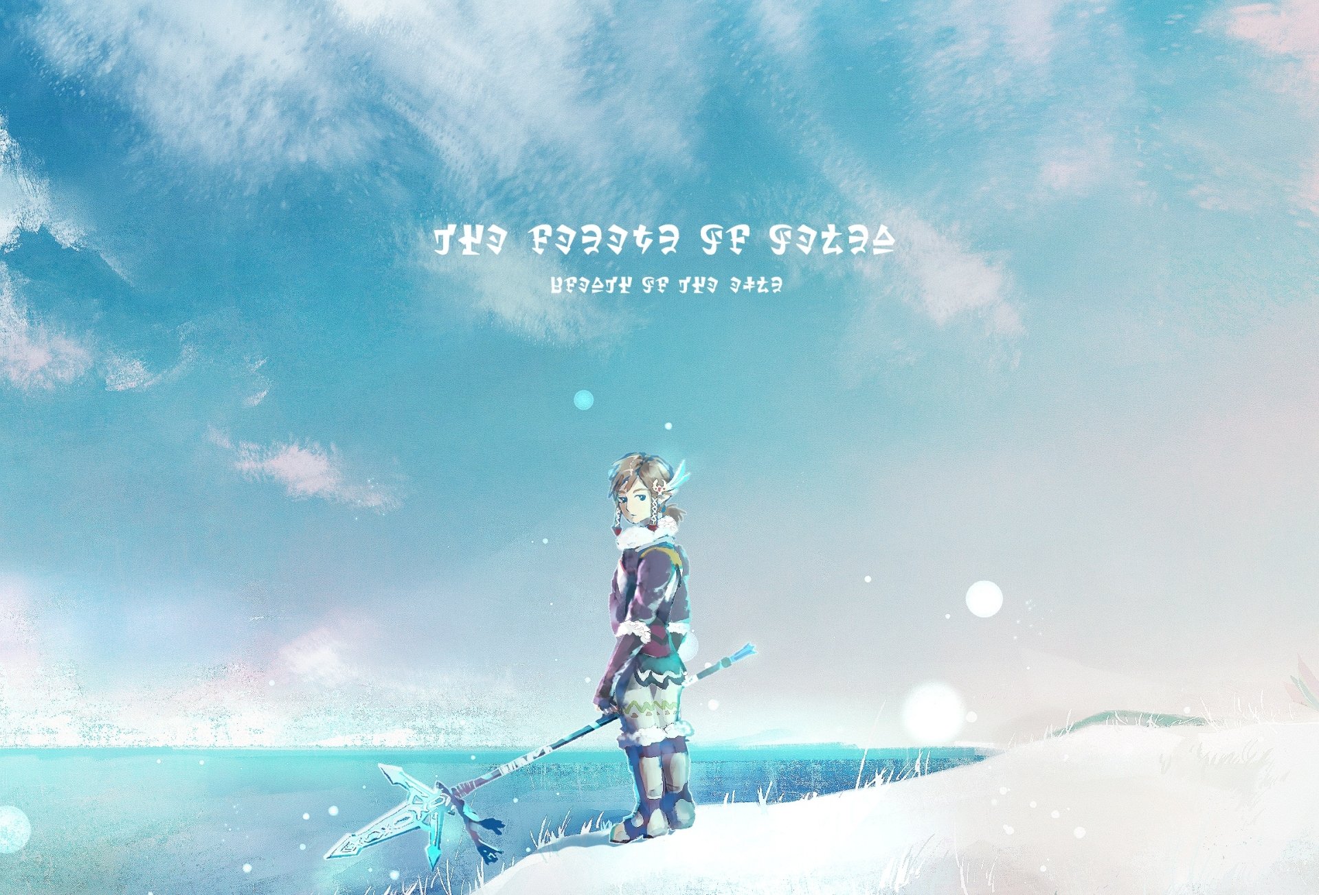 HD PC desktop wallpaper/background of Link from The Legend of Zelda: Breath of the Wild, standing on an icy shore beneath a pale blue sky, holding a glowing spear.