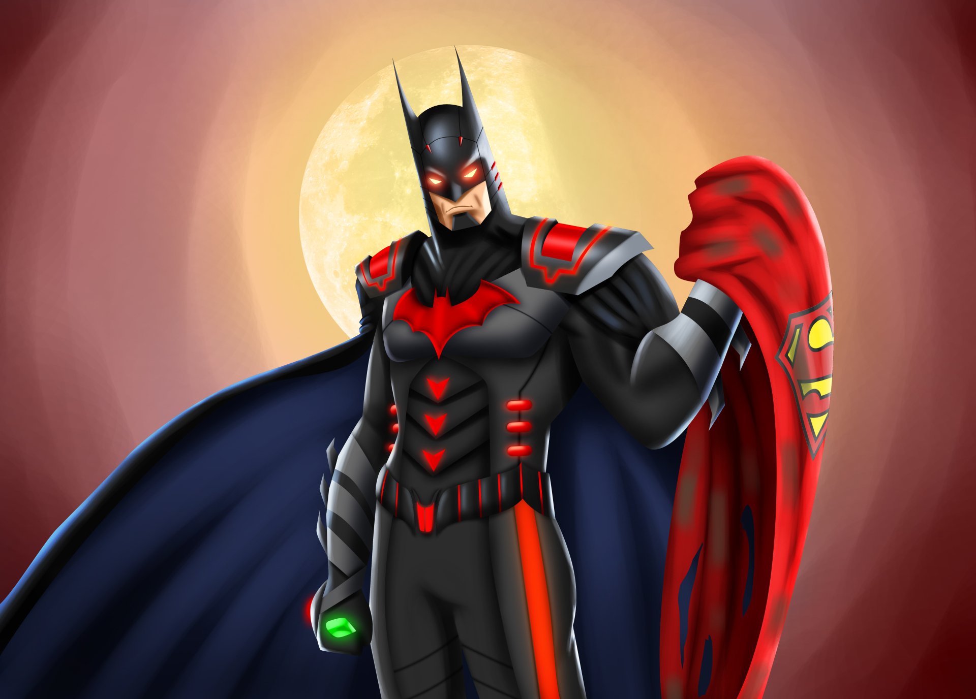 DC Comics comic Batman 5K Ultra HD PC desktop wallpaper and background, armored Batman in black-and-red suit before a full moon, holding Superman's red cape with glowing eyes.