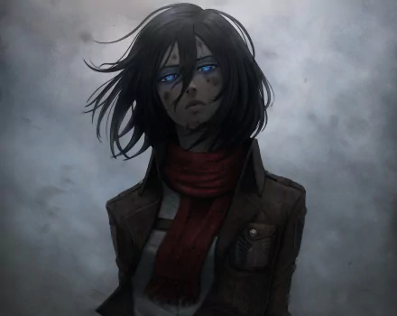 HD desktop wallpaper featuring Mikasa Ackerman from the anime Attack on Titan. She has black hair, blue eyes, and wears a red scarf, depicted in a somber and intense atmosphere.