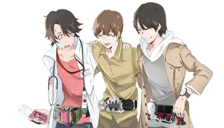 5K Ultra HD PC wallpaper: anime Kamen Rider trio Sougo Tokiwa, Emu Hojo, and Sento Kiryu smiling in casual clothes with their transformation belts visible.