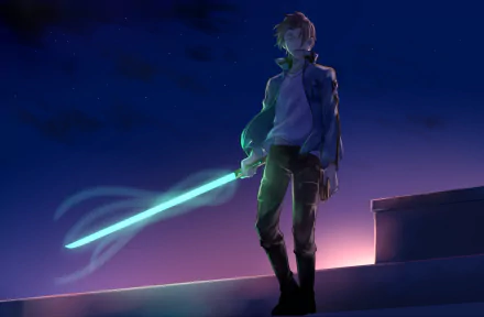 HD anime desktop wallpaper featuring Yūichi Jin from World Trigger, holding a glowing sword against a twilight sky background.