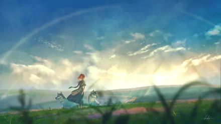 Anime wallpaper featuring a red-haired character walking with two wolves across a lush field under a bright, expansive sky.